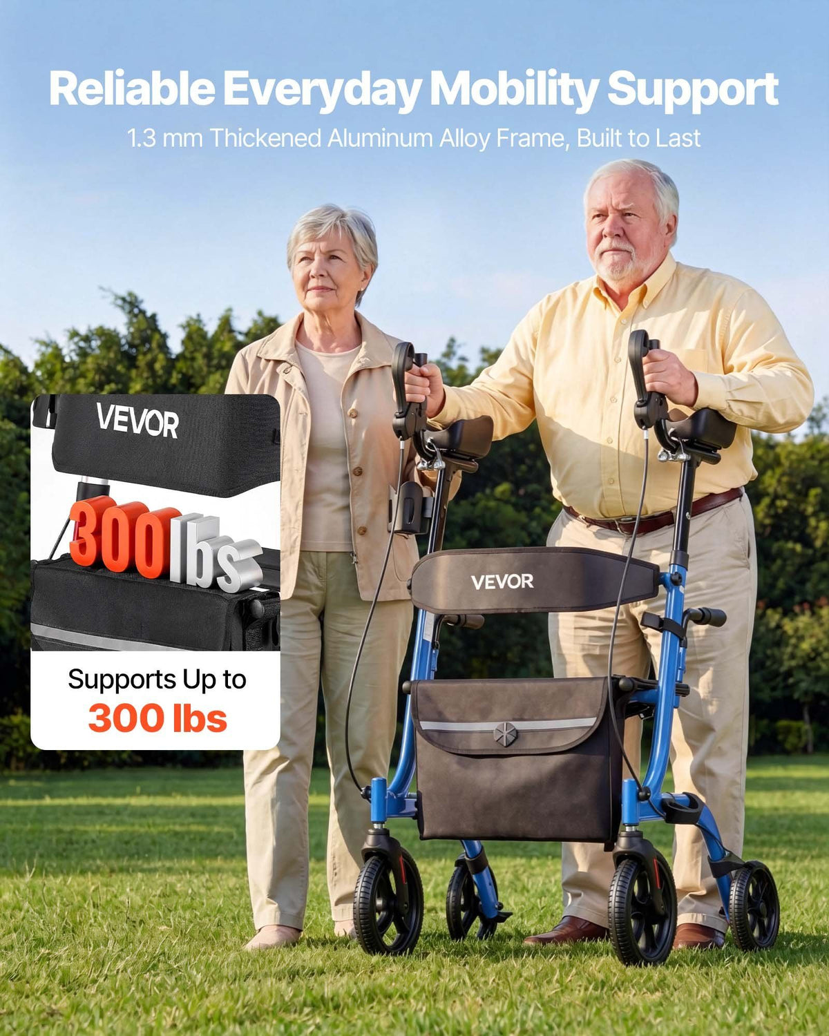 Rollator Walker with Seat for Seniors, Foldable Rolling Walker, Lightweight Aluminum Mobility Walking Aid with PU Solid Wheels, Adjustable Handle, Storage Bag, Cup/Cane Holder - Supports 136kg