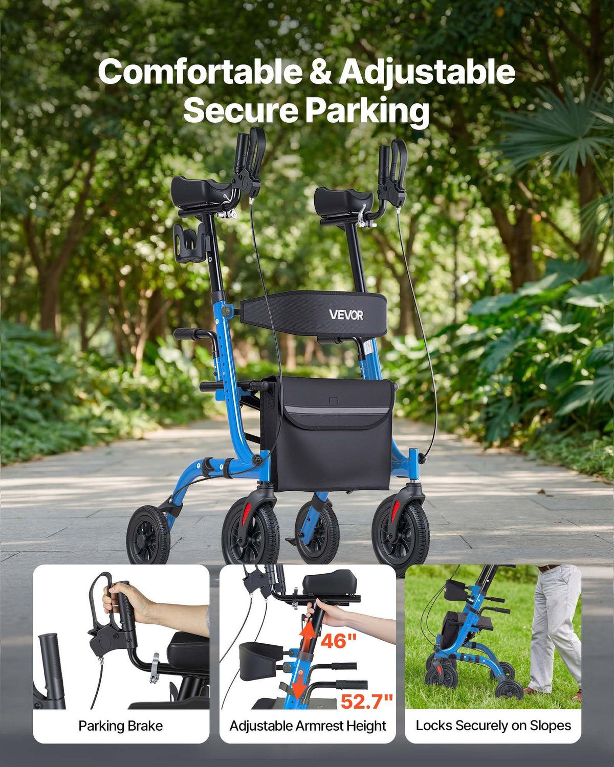 Rollator Walker with Seat for Seniors, Foldable Rolling Walker, Lightweight Aluminum Mobility Walking Aid with PU Solid Wheels, Adjustable Handle, Storage Bag, Cup/Cane Holder - Supports 136kg