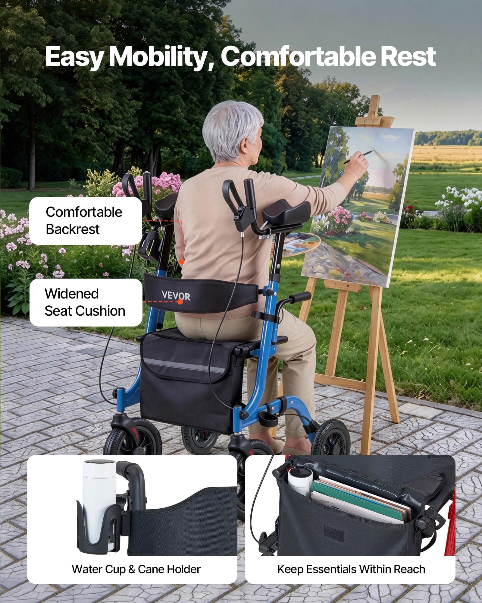 Rollator Walker with Seat for Seniors, Foldable Rolling Walker, Lightweight Aluminum Mobility Walking Aid with PU Solid Wheels, Adjustable Handle, Storage Bag, Cup/Cane Holder - Supports 136kg