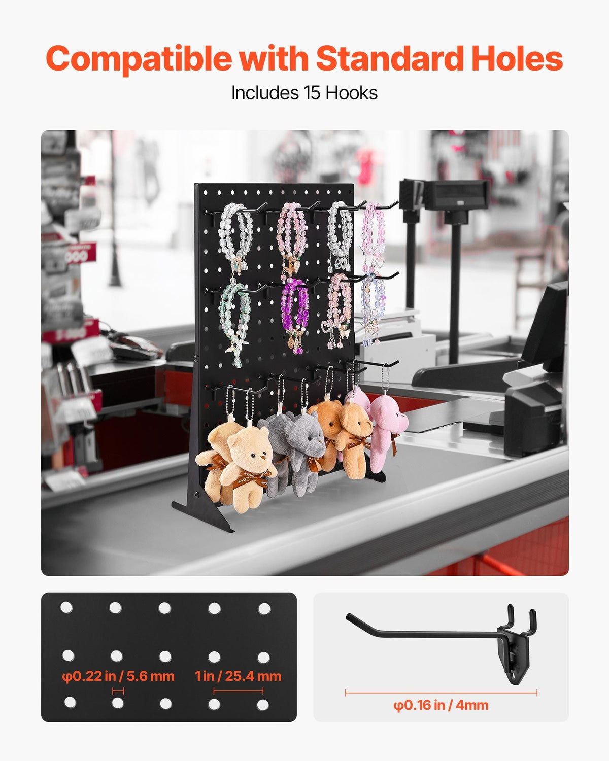 Pegboard Display Stand, 43 x 33 cm Tabletop Pegboard Display Stand with 15 Hooks, Thickened Cold-Rolled Steel Peg Board Panel for Grocery, Retail Store and Jewelry Shop, Black (1 PCS)