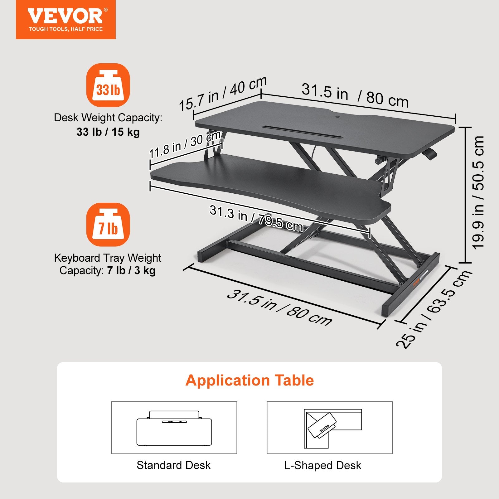 VEVOR Standing Desk Converter, Two-Tier Stand up Desk Riser, 800 mm Large Sit to Stand Desk Converter,140-510 mm Adjustable Height, for Monitor, Keyboard & Accessories Used in Home Office
