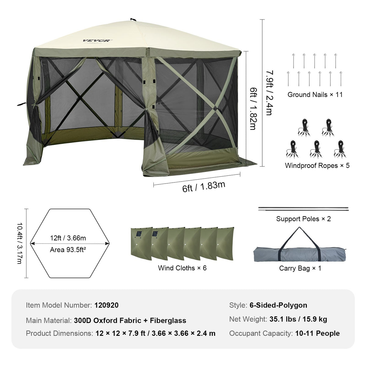 VEVOR Pop Up Gazebo Tent, Pop-Up Screen Tent 6 Sided Canopy Sun Shelter with 6 Removable Privacy Wind Cloths & Mesh Windows, 12x12FT Quick Set Screen Tent with Mosquito Netting, Army Green