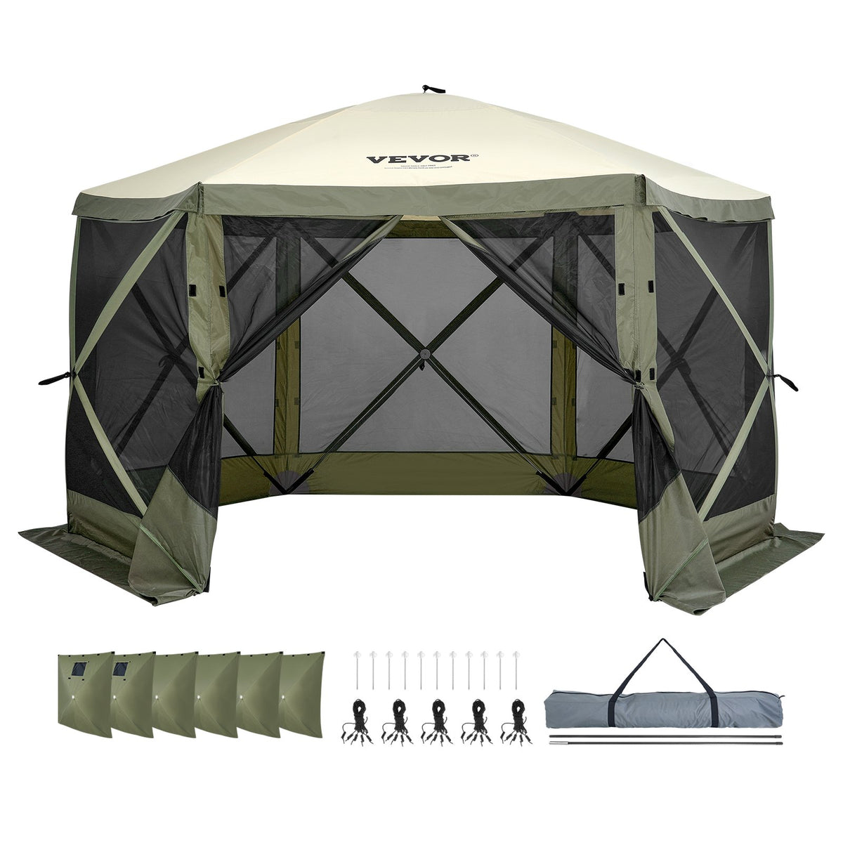 VEVOR Pop Up Gazebo Tent, Pop-Up Screen Tent 6 Sided Canopy Sun Shelter with 6 Removable Privacy Wind Cloths & Mesh Windows, 12x12FT Quick Set Screen Tent with Mosquito Netting, Army Green
