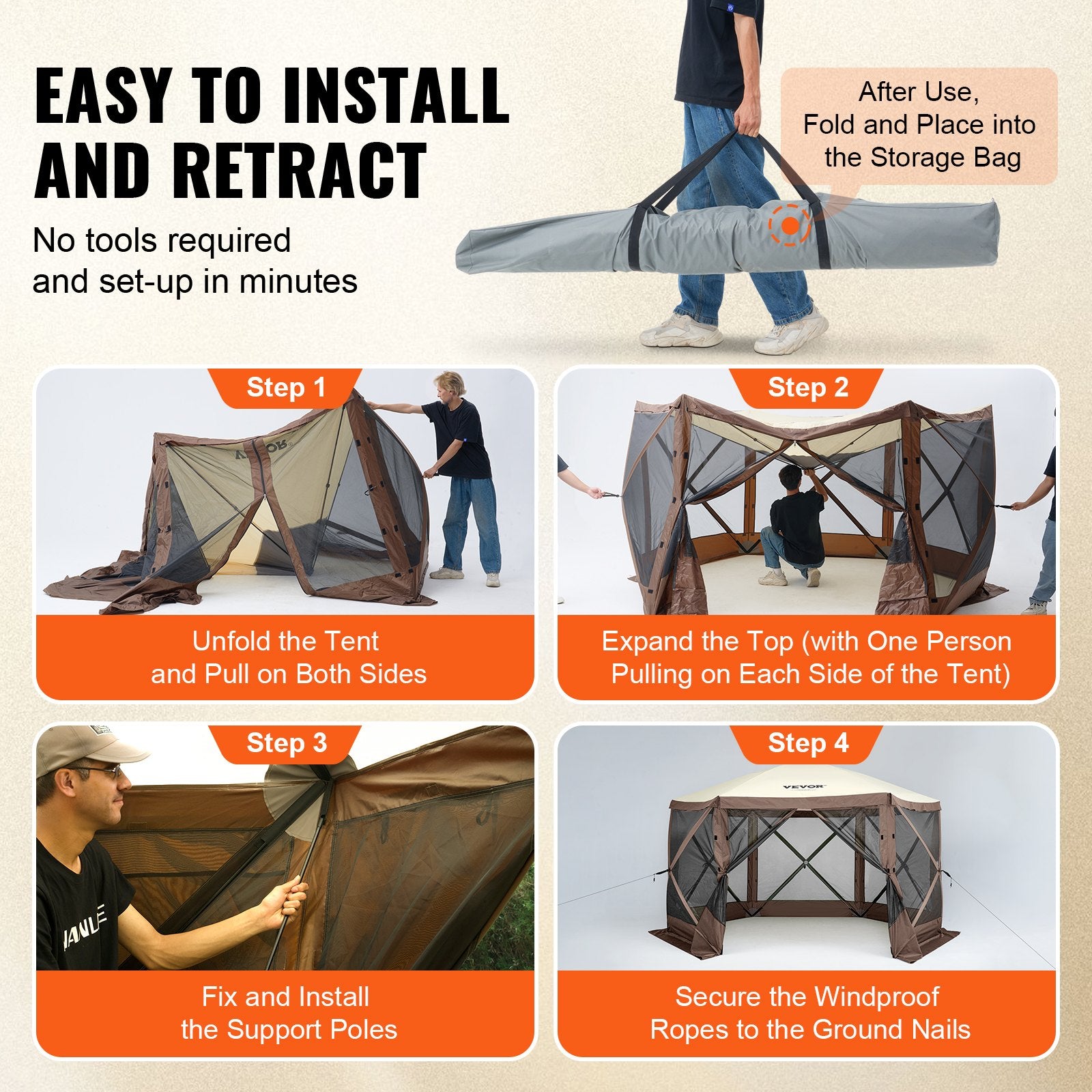 VEVOR Pop Up Gazebo Tent, Pop-Up Screen Tent 6 Sided Canopy Sun Shelter with 6 Removable Privacy Wind Cloths & Mesh Windows, 12.5x12.5FT Quick Set Screen Tent with Mosquito Netting, Brown