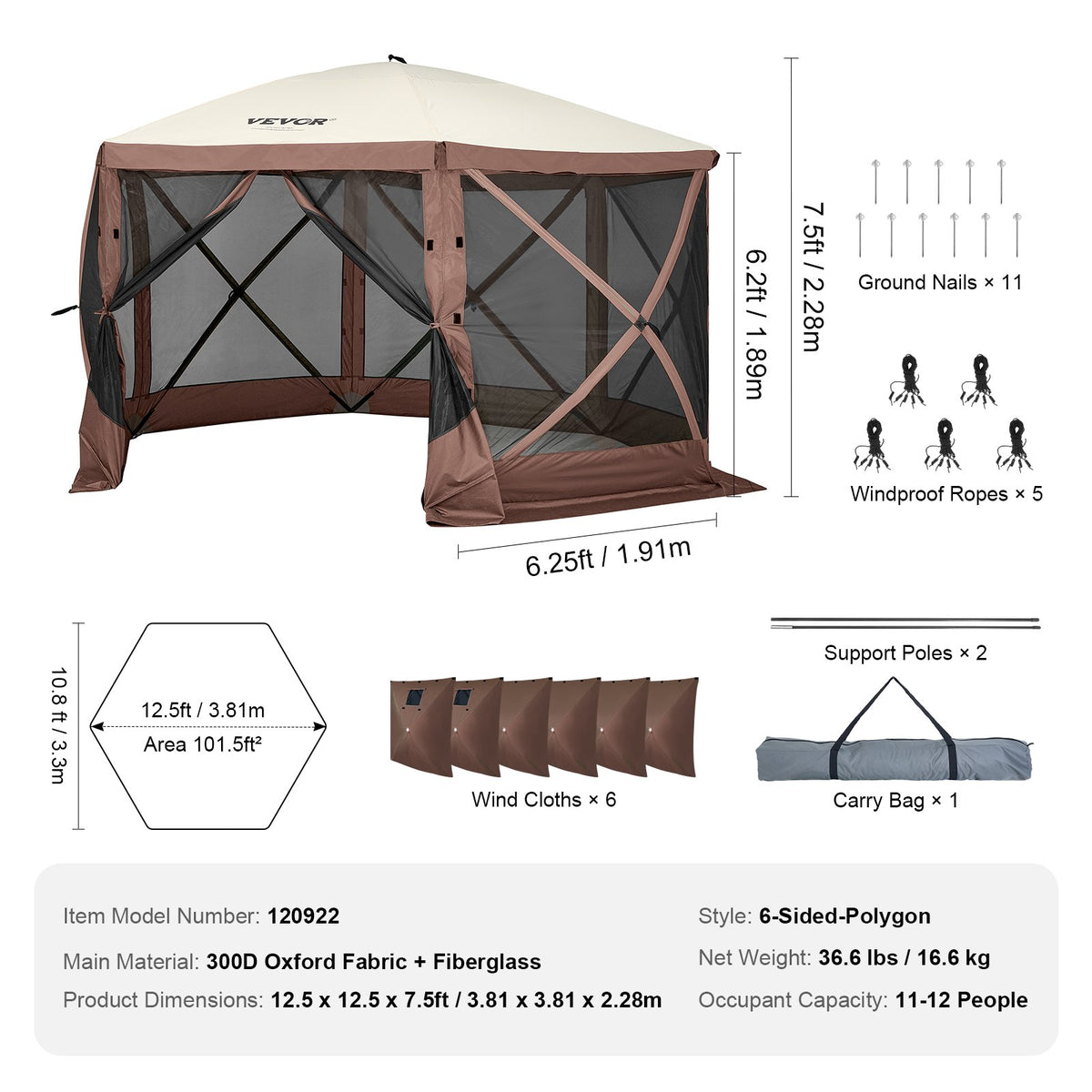 VEVOR Pop Up Gazebo Tent, Pop-Up Screen Tent 6 Sided Canopy Sun Shelter with 6 Removable Privacy Wind Cloths & Mesh Windows, 12.5x12.5FT Quick Set Screen Tent with Mosquito Netting, Brown