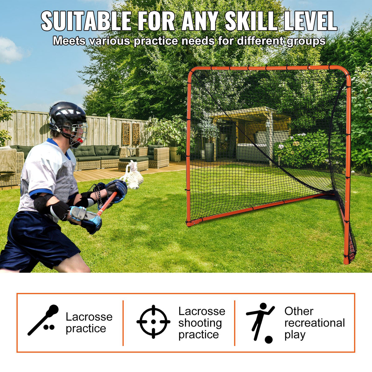 VEVOR Lacrosse Goal, 1.8mx1.8m Lacrosse Net, Folding Portable Backyard Lacrosse Training Equipment, Steel Frame Training Net, Quick & Easy Setup Lacrosse Goal, Perfect for Youth Adult Training, Orange