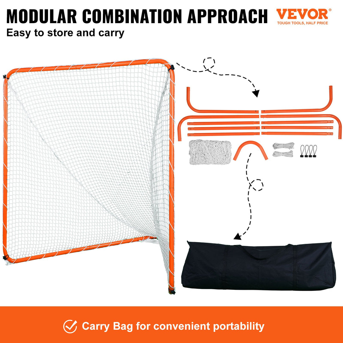 VEVOR Lacrosse Goal, 6' x 6' Lacrosse Net, Steel Frame Backyard Lacrosse Training Equipment, Portable Lacrosse Goal with Carry Bag, Quick &amp; Easy Setup, Perfect for Youth Adult Training, Orange