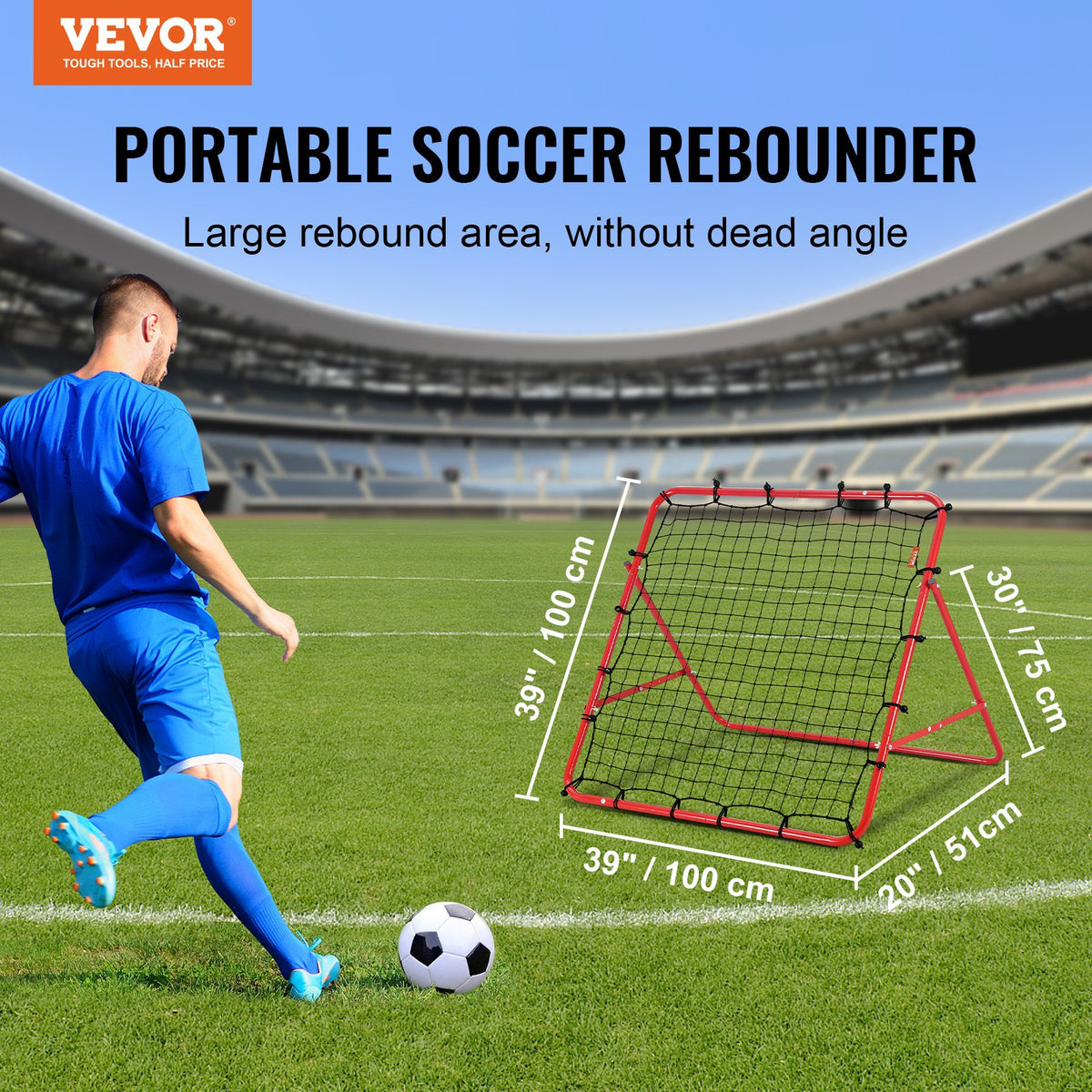 VEVOR Soccer Rebounder Rebound Net, Kick-Back 100x100 cm, Portable Football Training Gifts, Fully Adjustable Angles Goal Net, Aids & Equipment for Kids Teens & All Ages, Easy Set Up & Perfect Storage