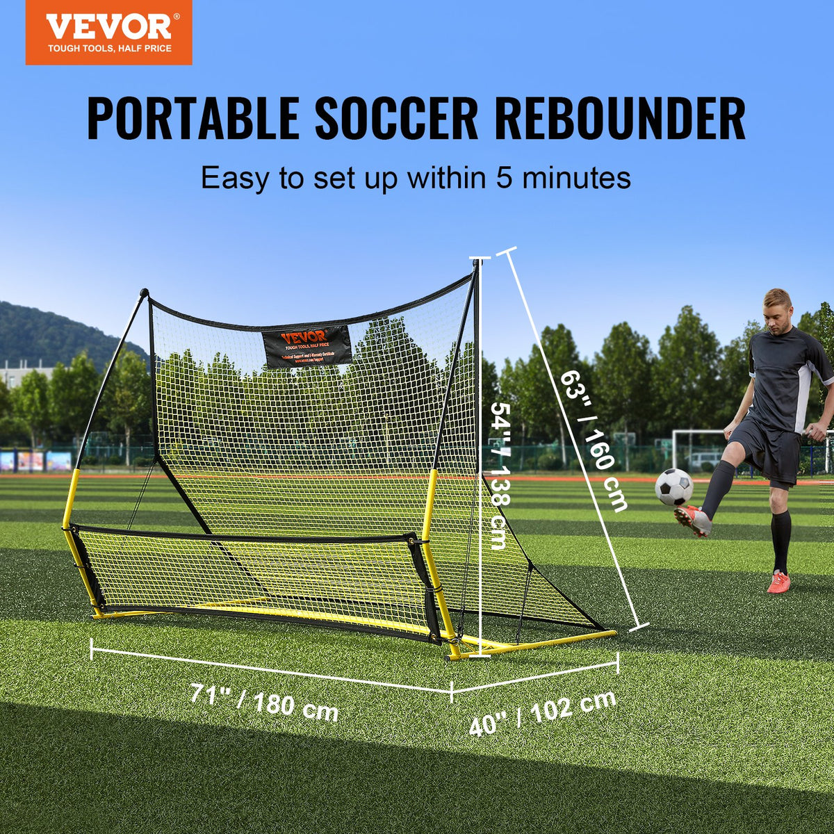 VEVOR Soccer Trainer, 2-IN-1 Portable Soccer Rebounder Net, Iron Soccer Practice Equipment, Sports Football Rebounder Wall with Portable Bag, Perfect for Team Solo Training, Passing, Volley