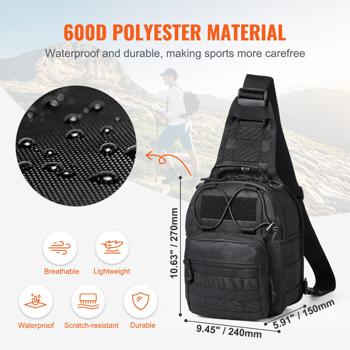 VEVOR Tactical Sling Bag 10L Military Rover Shoulder Sling Backpack Black