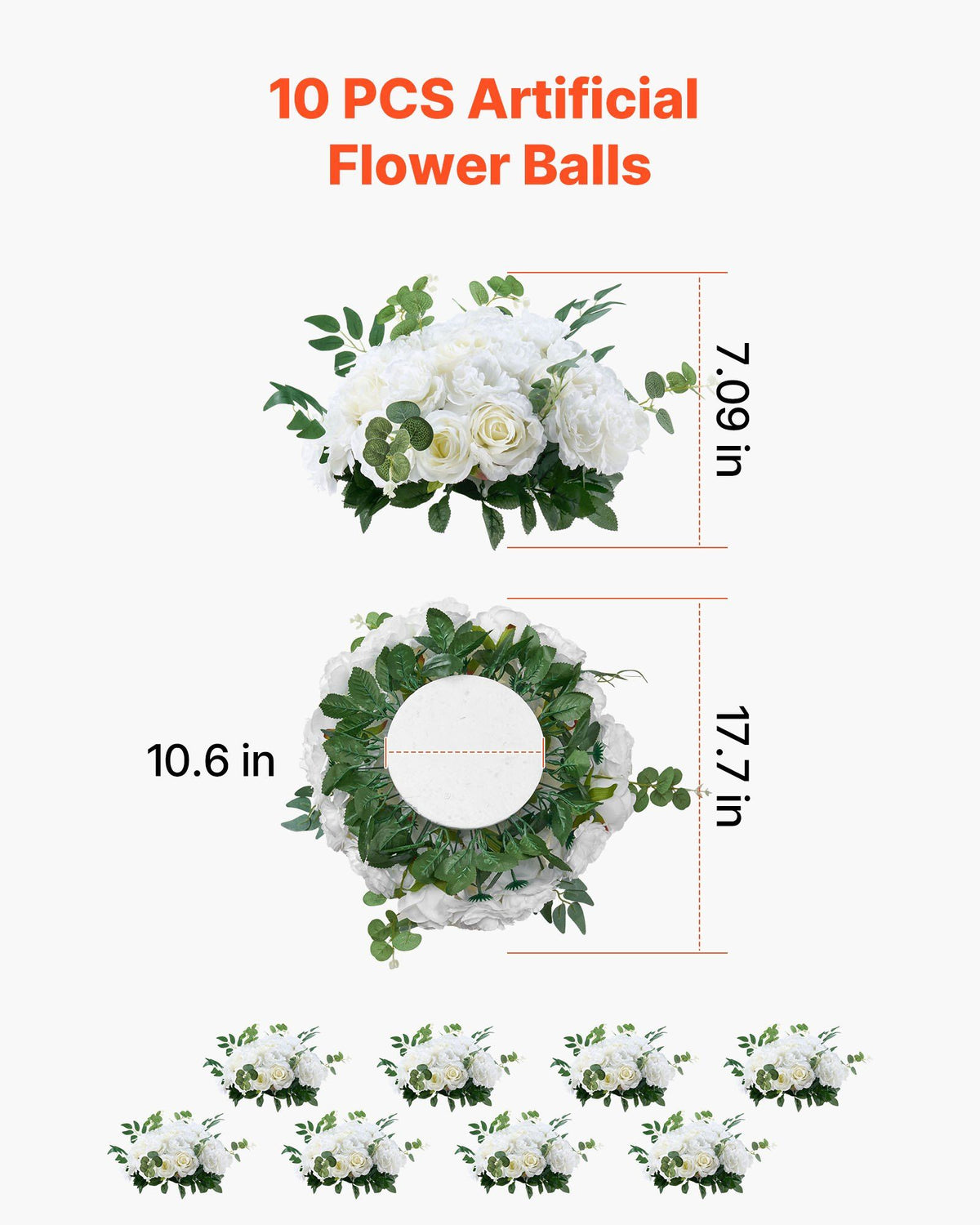 Flower Balls Arrangement Bouquet 10 PCS, 450 mm Diameter Artificial Flower Balls Wedding White Roses Centerpieces, Faux Flowers Arrangements for Wedding Centerpiece Home Table Decorations
