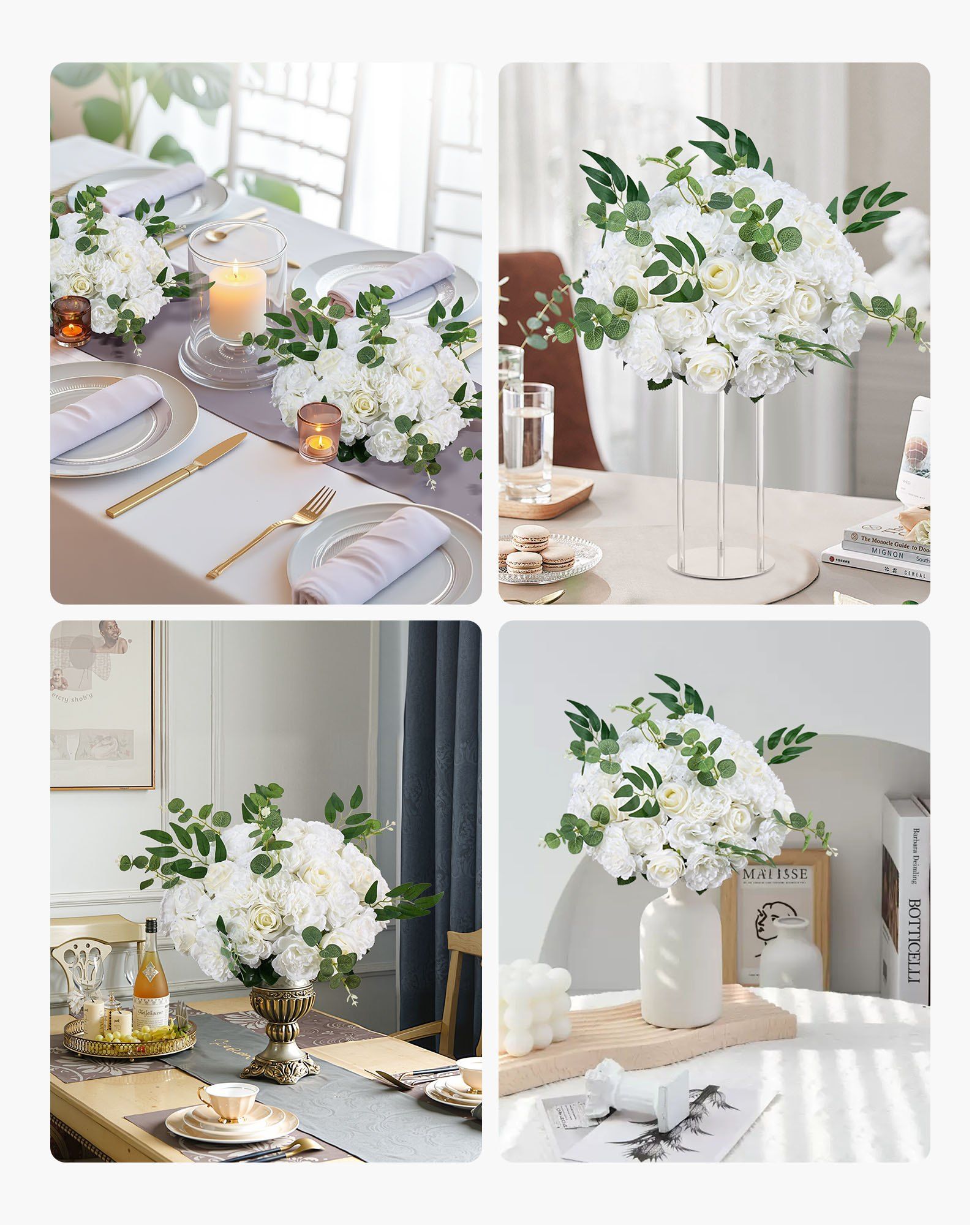 Flower Balls Arrangement Bouquet 10 PCS, 450 mm Diameter Artificial Flower Balls Wedding White Roses Centerpieces, Faux Flowers Arrangements for Wedding Centerpiece Home Table Decorations