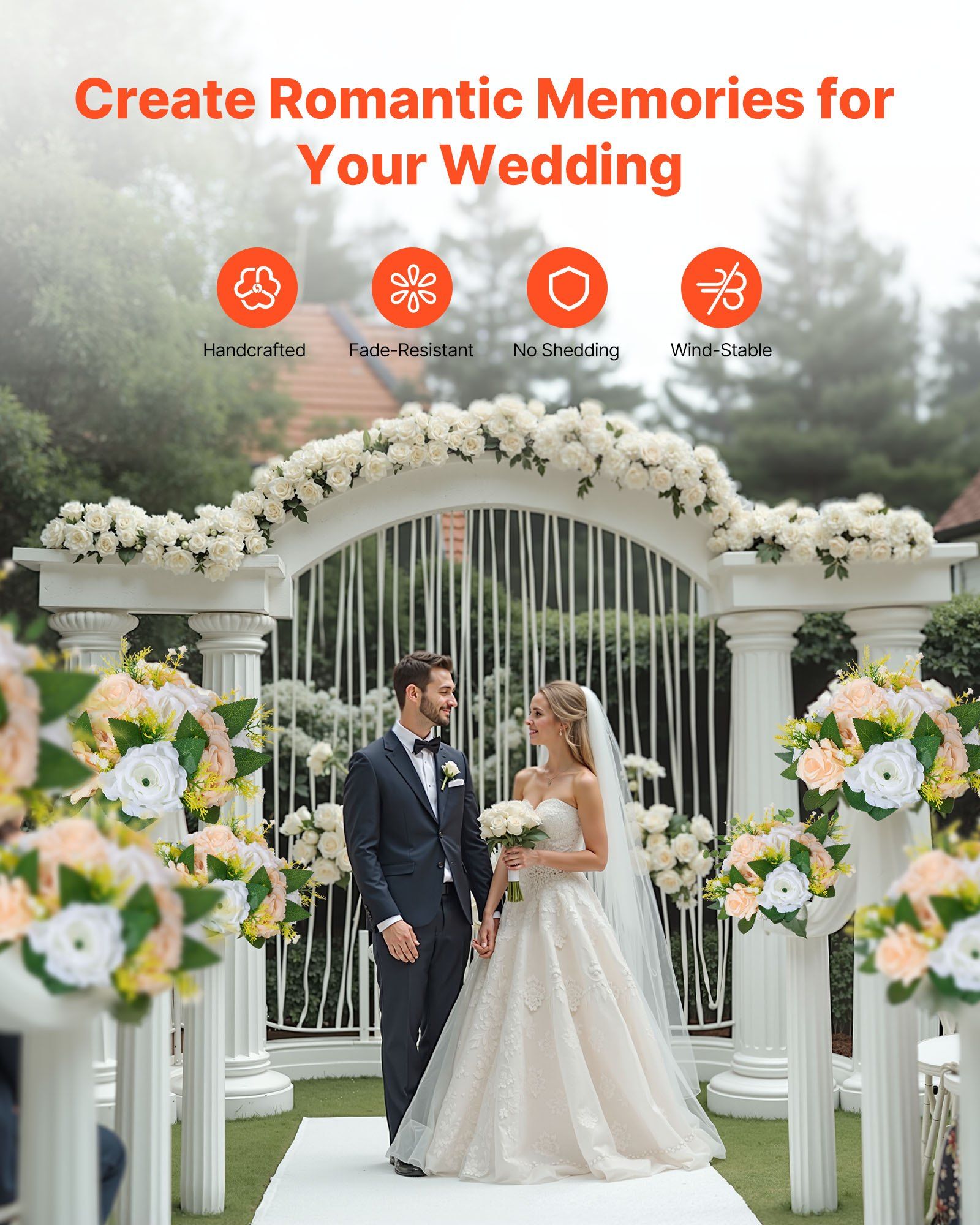 Flower Ball Arrangement Bouquet 10 PCS, 240 mm Diameter Artificial Flower Balls Wedding Table Centerpieces, Rose Arrangements for Wedding Centerpiece Home Decoration, Champagne & White Roses