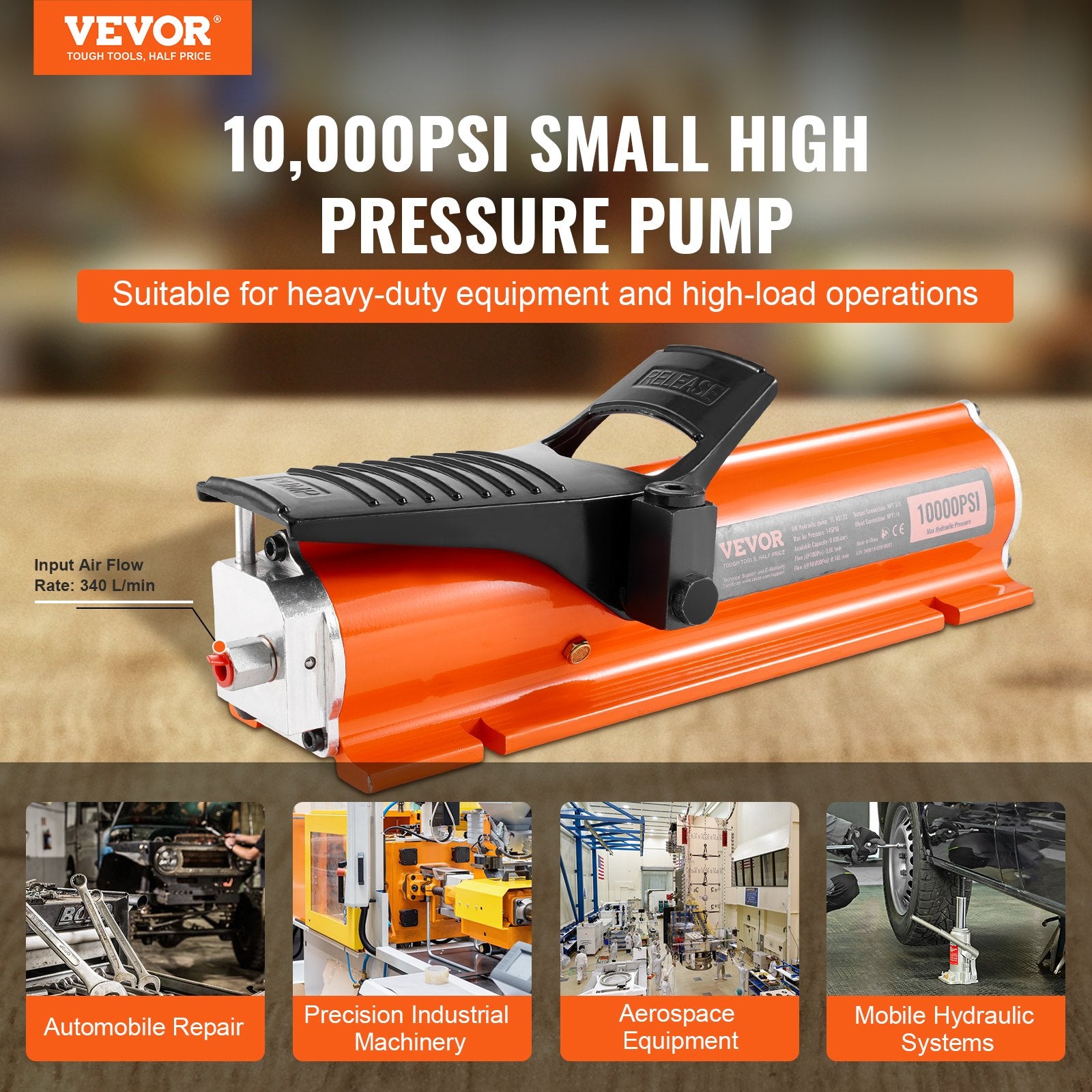 VEVOR 10,000PSI Air Hydraulic Pump, 0.18 Gal Reservoir, NPT 3/8 In Oil Outlet, NPT 1/4 In Inlet, Metal Shell Air Actuated Treadle Foot Pump, for Precision Industrial Machinery & Aerospace Equipment