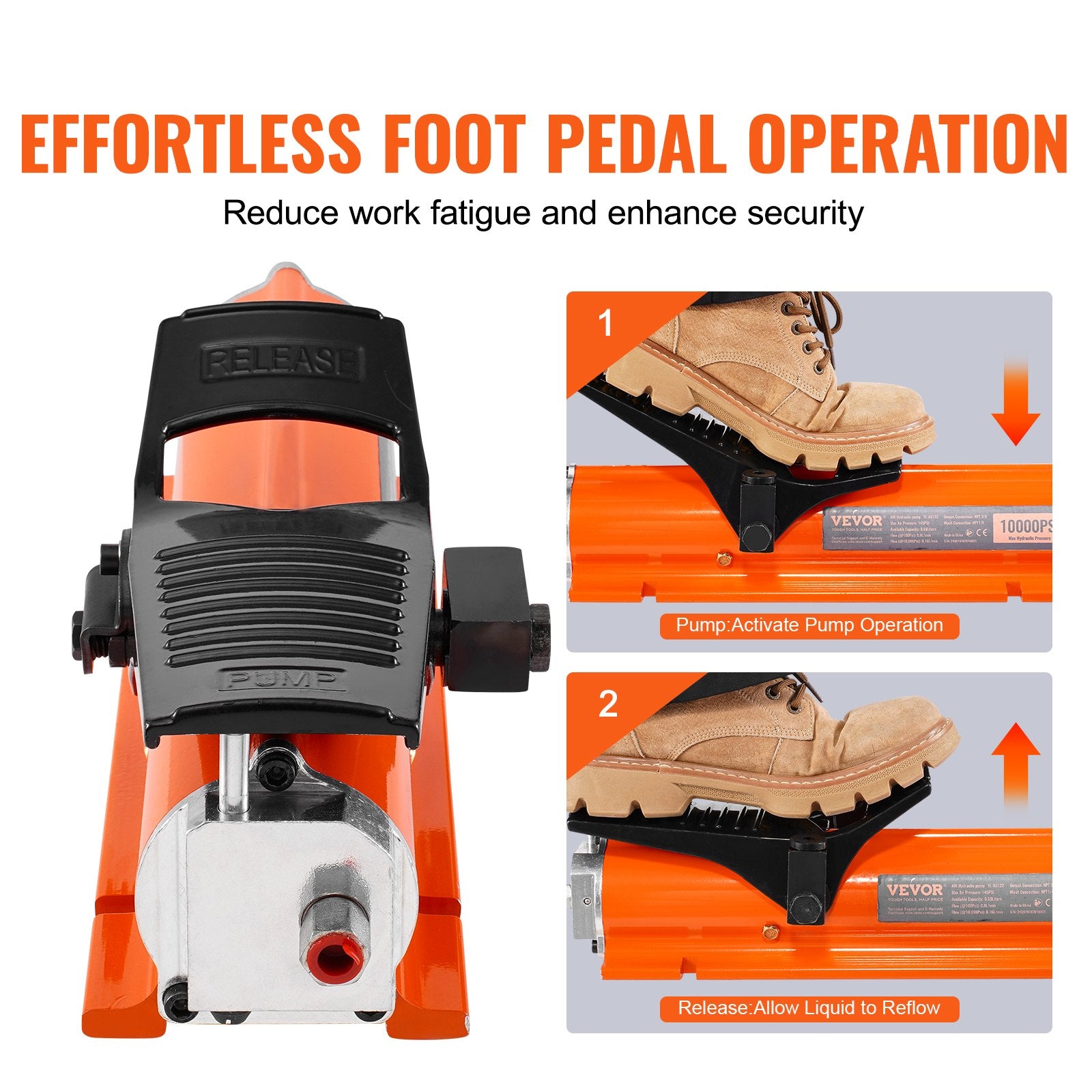 VEVOR 10,000PSI Air Hydraulic Pump, 0.18 Gal Reservoir, NPT 3/8 In Oil Outlet, NPT 1/4 In Inlet, Metal Shell Air Actuated Treadle Foot Pump, for Precision Industrial Machinery & Aerospace Equipment