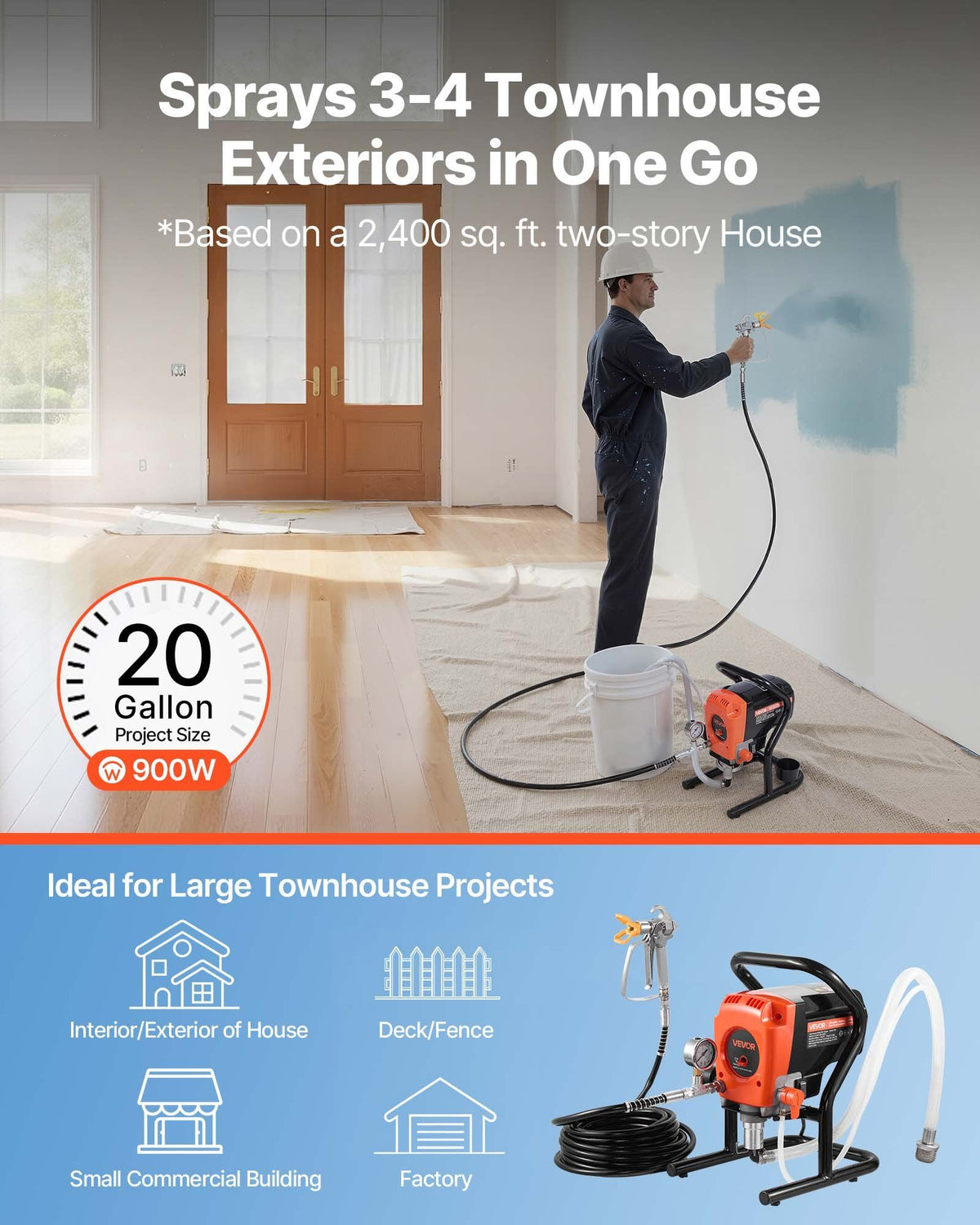Stand Airless Paint Sprayer, 900W, 3300PSI High Pressure Airless Sprayer, Cleaning Brush, Hose, Extension Rod, Nozzles, Electric Spray Paint Machine for Interior or Exterior of House, Fence