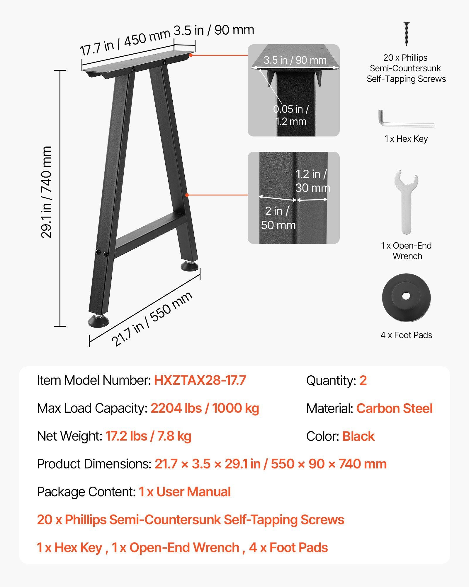 Table Legs, 740 x 550 mm (H x W) Trapezoid Steel Furniture Legs, Modular Design, Easy Assembly, 1000 kg Max Load Heavy Duty, for Home Office Desk, Coffee Dinner Bar Tables,Set of 2, Black