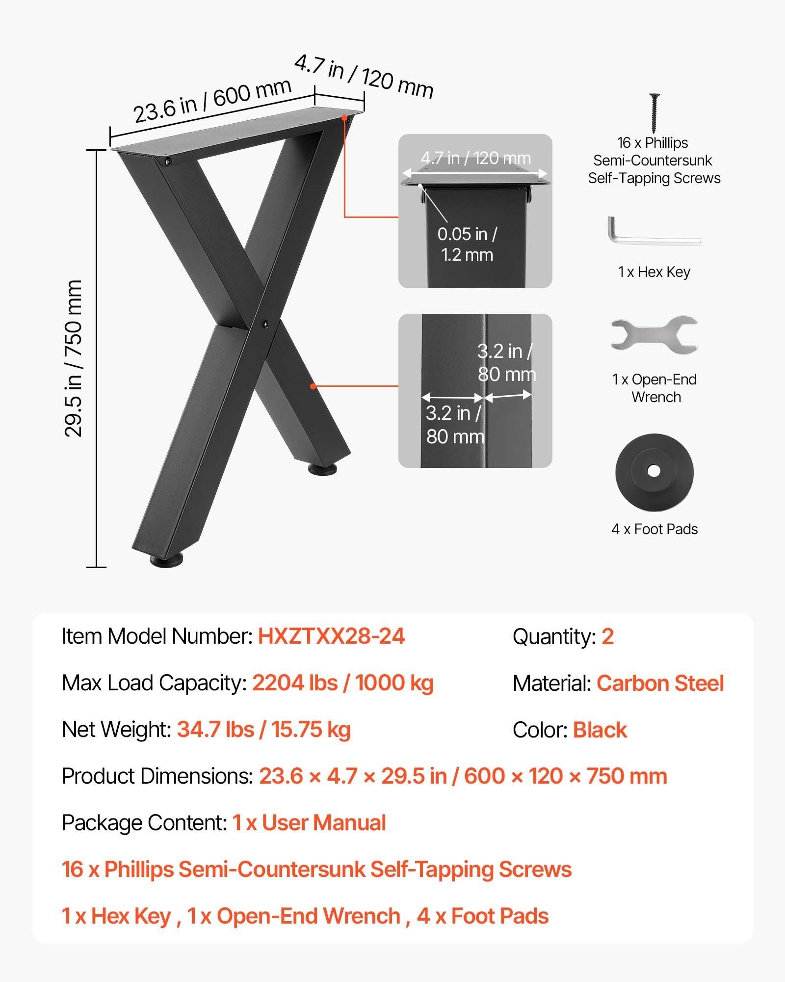 Table Legs, 750 x 600 mm (H x W) Steel Furniture Legs, Modular Design, Easy Assembly, 1000 kg Max Load Heavy Duty, for Home Office Desk, Coffee Dinner Bar Tables, Workbench,2 PCS, X Frame, Black