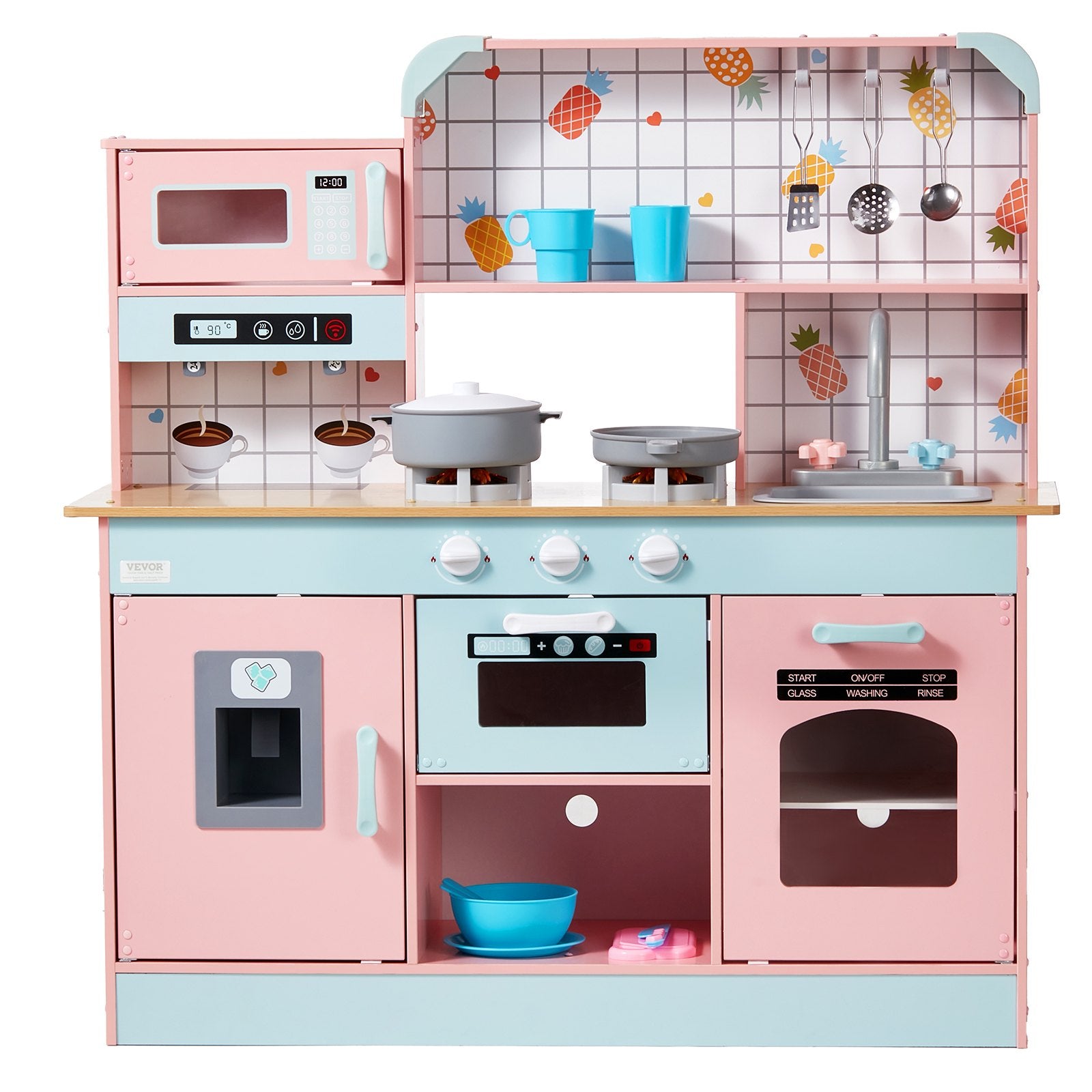 VEVOR Kitchen Playset Kids Pretend Cooking Play Toy 24 Piece Accessories Pink