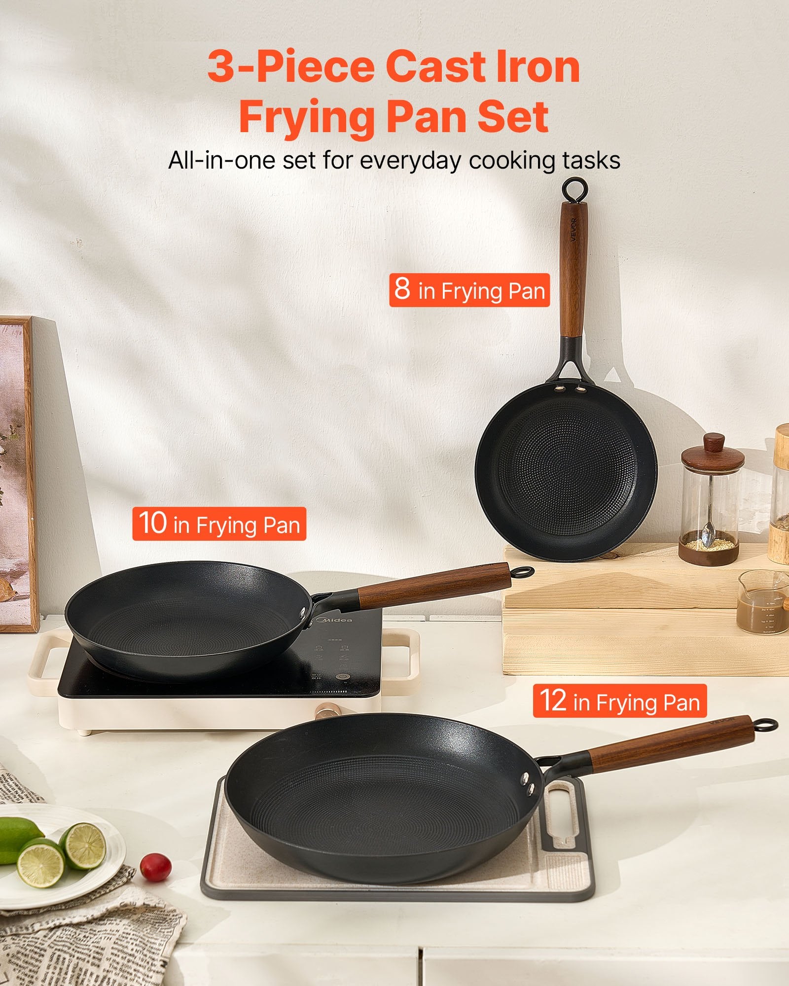 VEVOR Cast Iron Skillet, 3-Piece Frying Pan Set (205, 265, 310 mm), Nonstick Skillets with Detachable Wood Handle, Pre-Seasoned Chef's Pan, Kitchen Cookware for Gas, Electrical, and Induction, Black