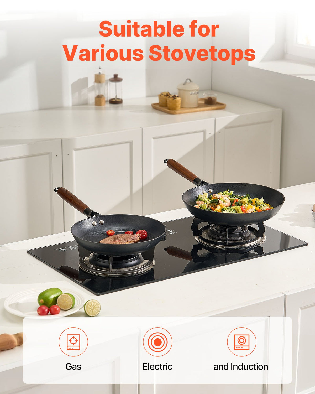 VEVOR Cast Iron Skillet, 3-Piece Frying Pan Set (205, 265, 310 mm), Nonstick Skillets with Detachable Wood Handle, Pre-Seasoned Chef's Pan, Kitchen Cookware for Gas, Electrical, and Induction, Black