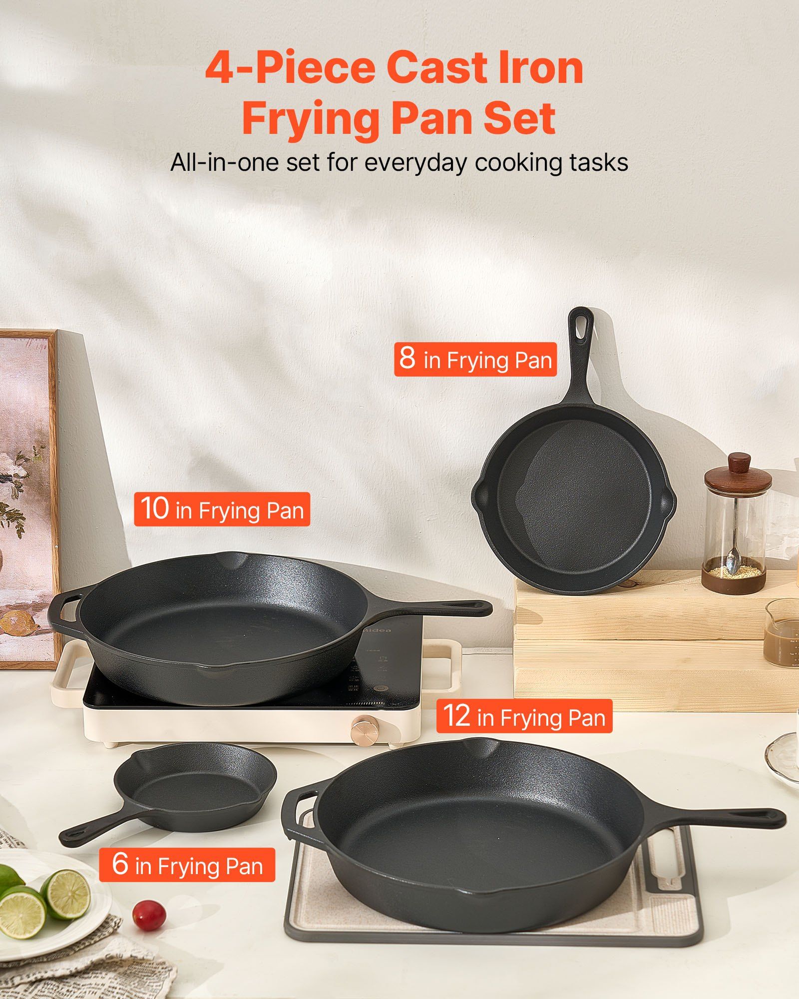 Cast Iron Skillet, 4 Pcs Frying Pan Set (155, 205, 260, 305 mm), Skillets with Heat-Resistant Silicone Handle, Pre-Seasoned Chef's Pan, Kitchen Cookware, Oven, Gas, Electrical, Induction, Black