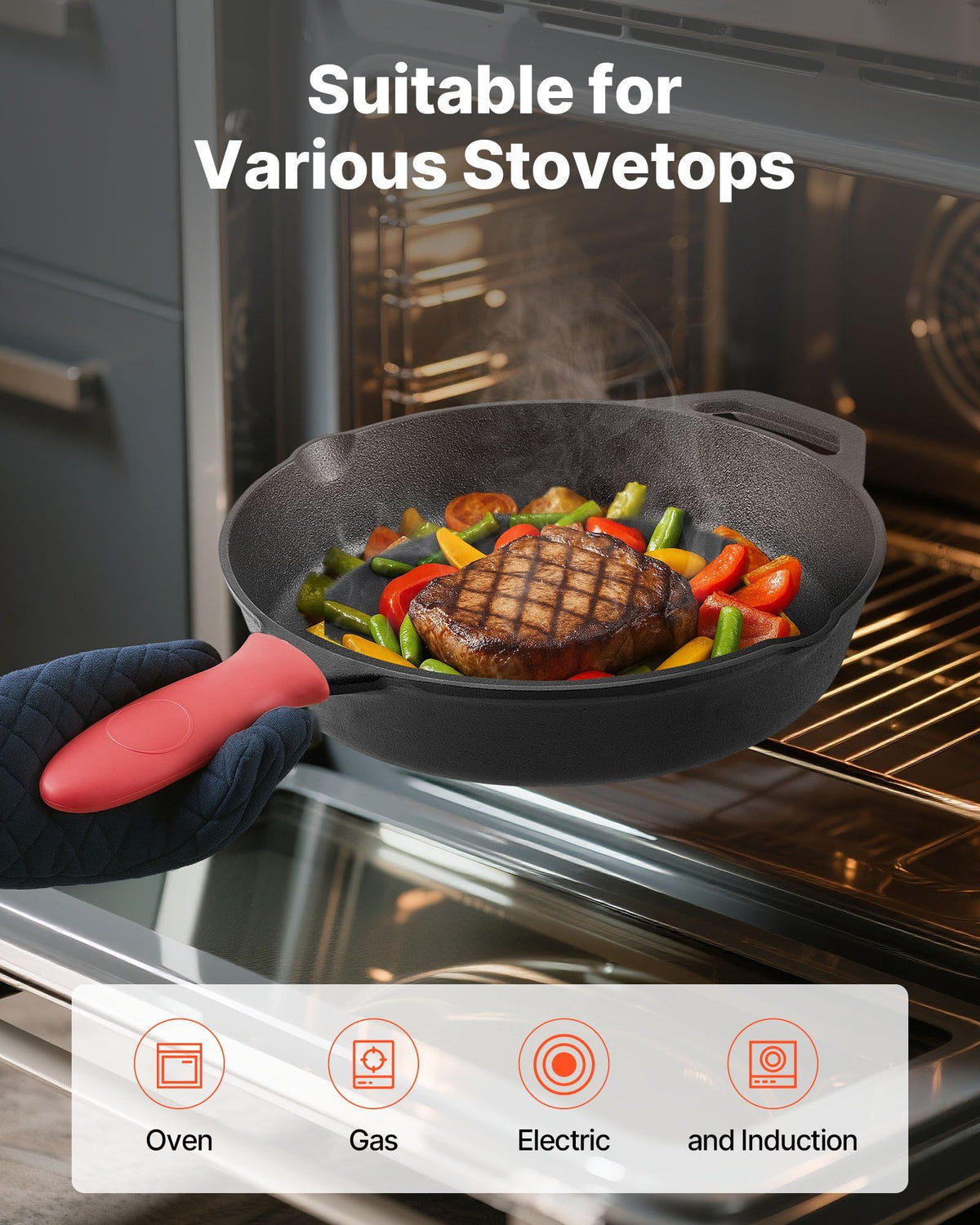 Cast Iron Skillet, 4 Pcs Frying Pan Set (155, 205, 260, 305 mm), Skillets with Heat-Resistant Silicone Handle, Pre-Seasoned Chef's Pan, Kitchen Cookware, Oven, Gas, Electrical, Induction, Black
