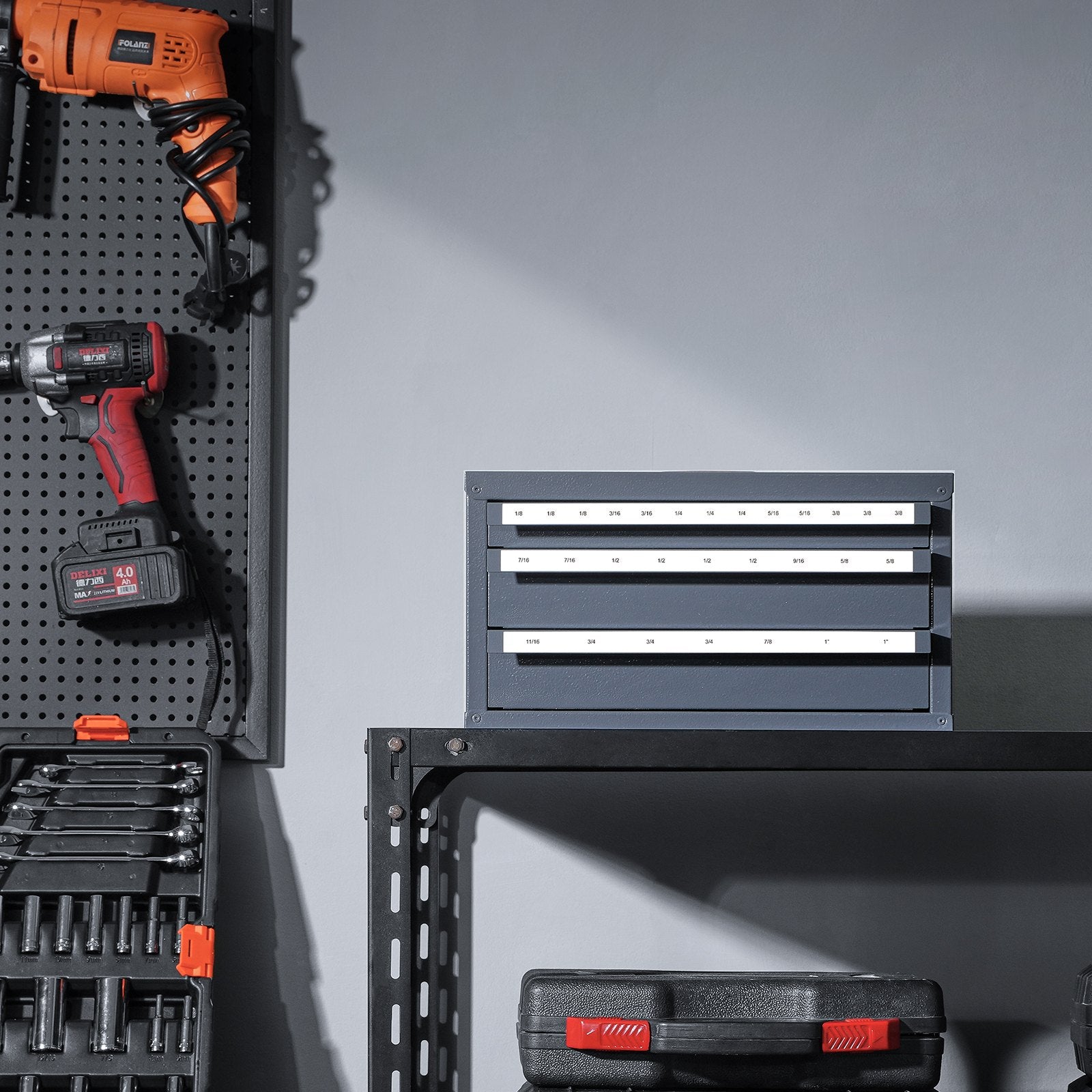 VEVOR End Mill Dispenser Cabinet, Three-Drawer End Mill Organizer Cabinet for 1/8" to 1", Steel End Mill Dispenser Organizer Cabinet with Labels, 29-Compartment Stackable for End Mill Storage