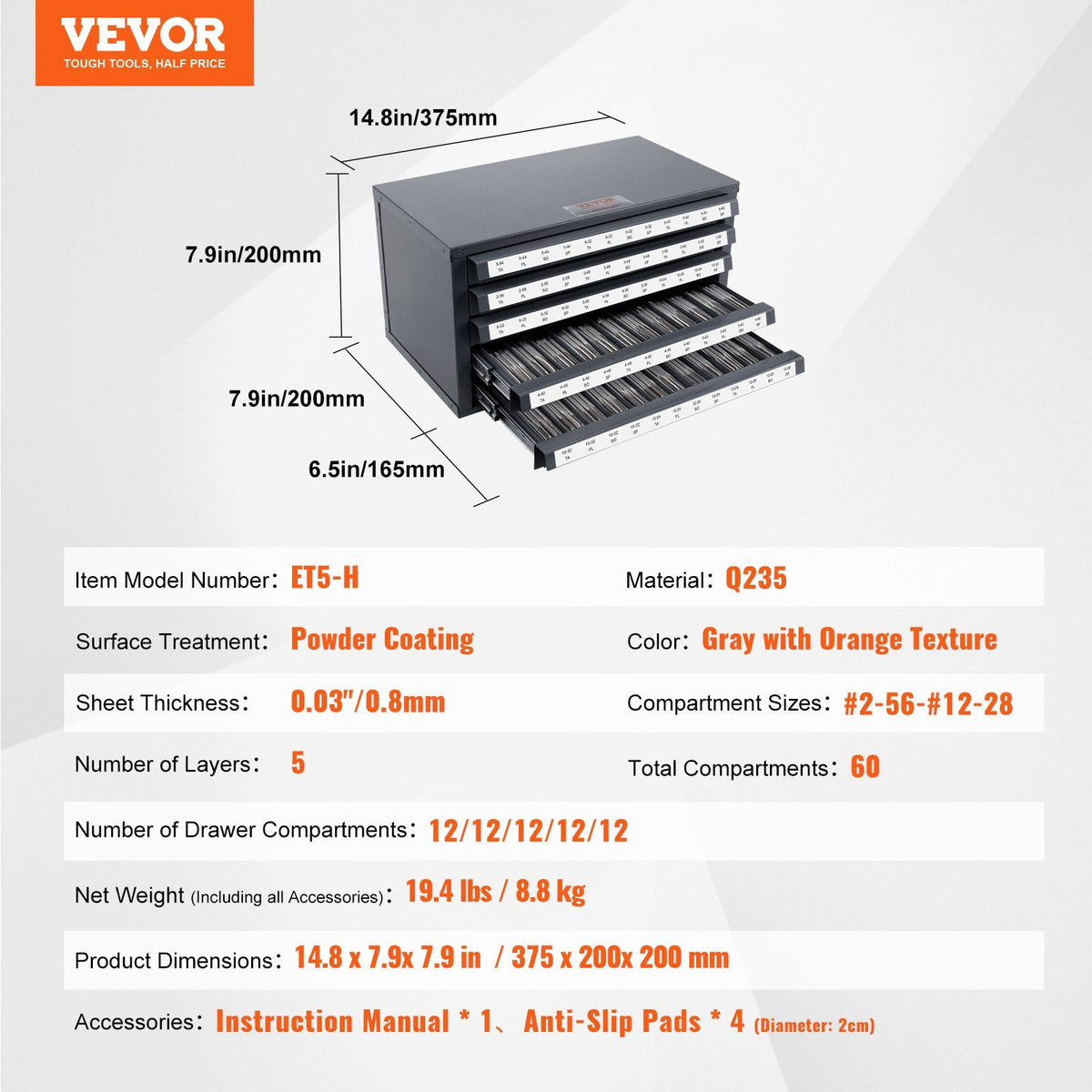 Tap Dispenser Cabinet, Five-Drawer Tap Organizer Cabinet for #2-56-#12-28 Steel Tap Dispenser Organizer Cabinet with Labels, 60-Compartment Stackable Tap Cabinet for Tap Storage
