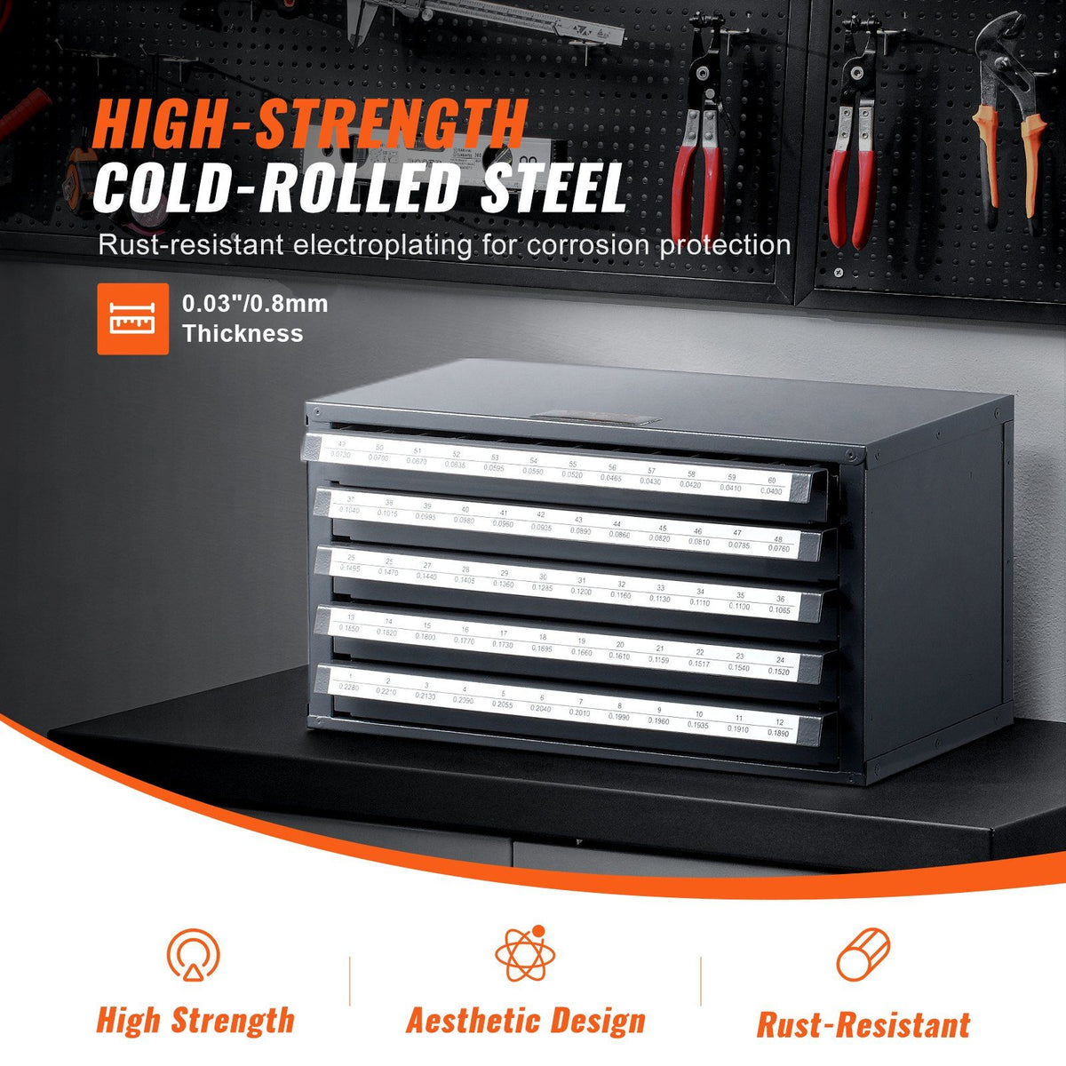 Drill Bit Dispenser Cabinet, Five-Drawer Drill Bit Organizer Cabinet for 33/64" to 63/64" Steel Drill Dispenser Organizer Cabinet with Labels, Stackable Drill Dispenser for Drill Bit Storage