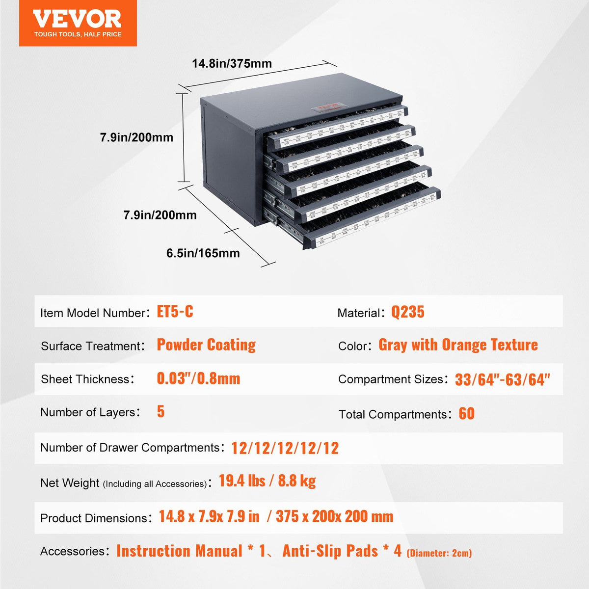 Drill Bit Dispenser Cabinet, Five-Drawer Drill Bit Organizer Cabinet for 33/64" to 63/64" Steel Drill Dispenser Organizer Cabinet with Labels, Stackable Drill Dispenser for Drill Bit Storage