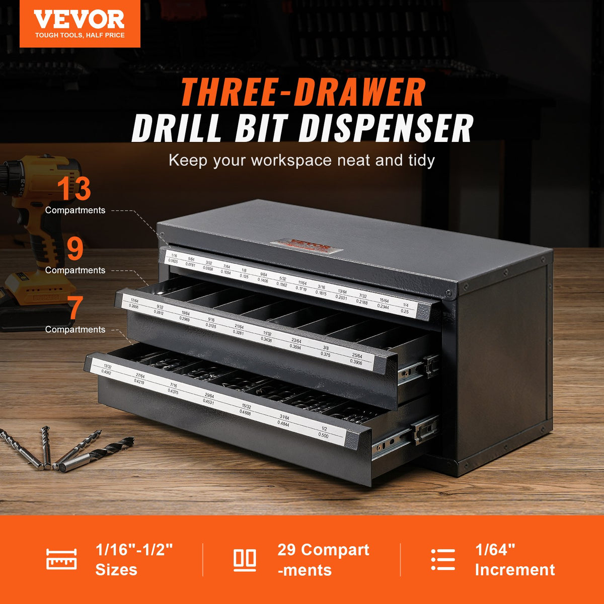 VEVOR Drill Bit Dispenser Cabinet, Three-Drawer Drill Bit Organizer Cabinet for 1/16" to 1/2", Steel Drill Dispenser Organizer Cabinet with Labels, Stackable Drill Dispenser for Drill Bit Storage
