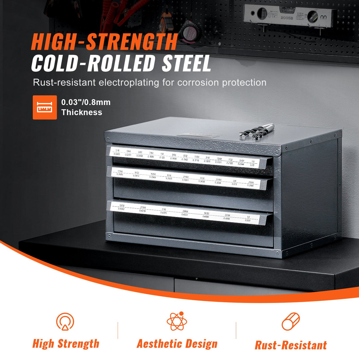 VEVOR Drill Bit Dispenser Cabinet, Three-Drawer Drill Bit Organizer Cabinet for 1/16" to 1/2", Steel Drill Dispenser Organizer Cabinet with Labels, Stackable Drill Dispenser for Drill Bit Storage