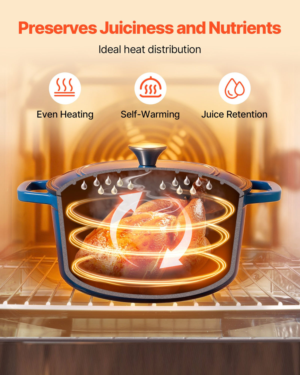 VEVOR Enameled Cast Iron Dutch Oven, 5.7L Pot with Lid and Dual Handles, Heavy-Duty Durable Cookware Pan, Oven Induction Compatible up to 260 ℃, for Braising, Stews, Roasting, Bread Baking, Blue
