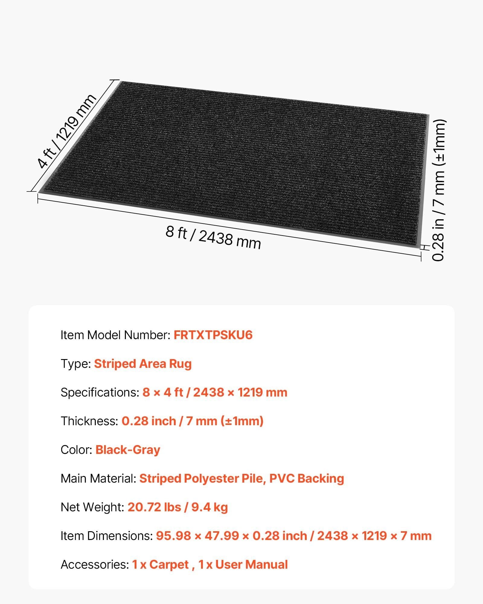 Front Door Mat, 2438 x 1219 mm Commercial Floor Mat for Indoor and Outdoor, Stylish Striped Industrial Carpet with PVC Backing, Heavy Duty Washable Entry Rug for Hallway, Balcony, Garage, Grey