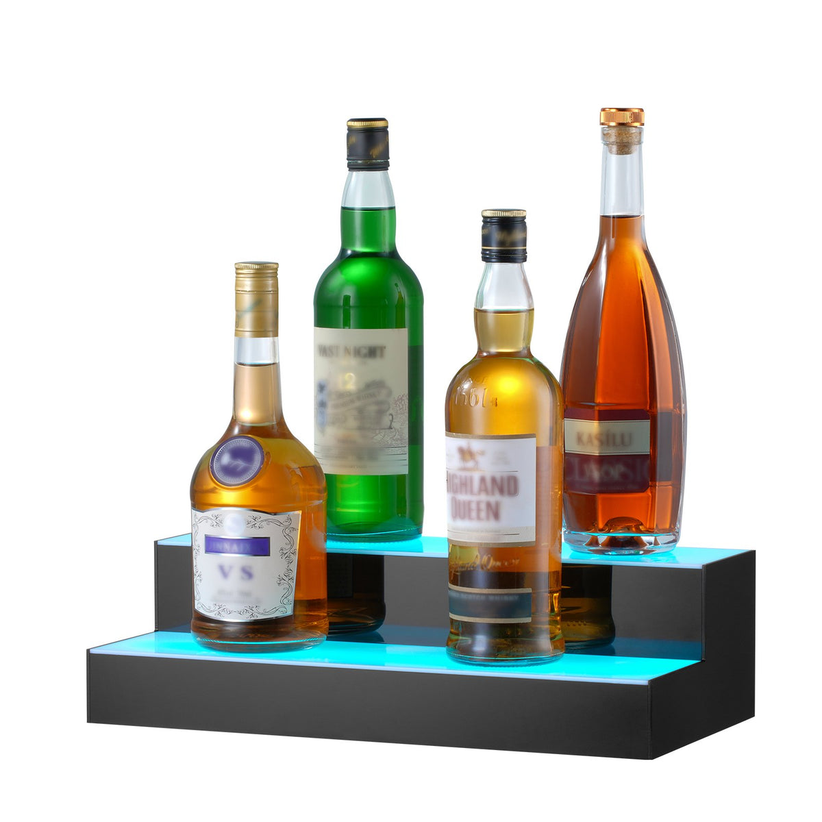 VEVOR LED Lighted Liquor Bottle Display, 2 Tiers 16 Inch Commercial Illuminated Home Bar Shelf, 2 Steps Whiskey Rack Stand, Acrylic Drink Shelves with RF Remote &amp; App Control, and Multicolor lighting
