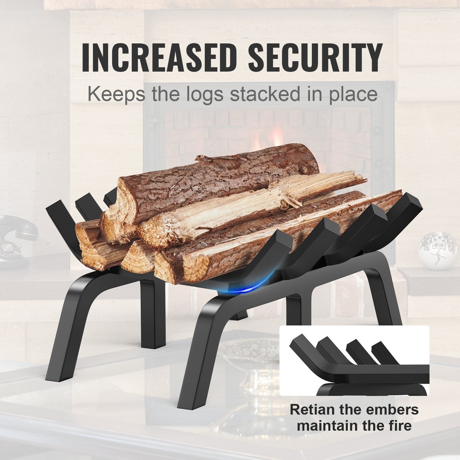 VEVOR Fireplace Log Grate, 18 inch Heavy Duty Fireplace Grate with 6 Support Legs, Solid Powder-coated Steel Bars, Log Firewood Burning Rack Holder for Indoor and Outdoor Fireplace
