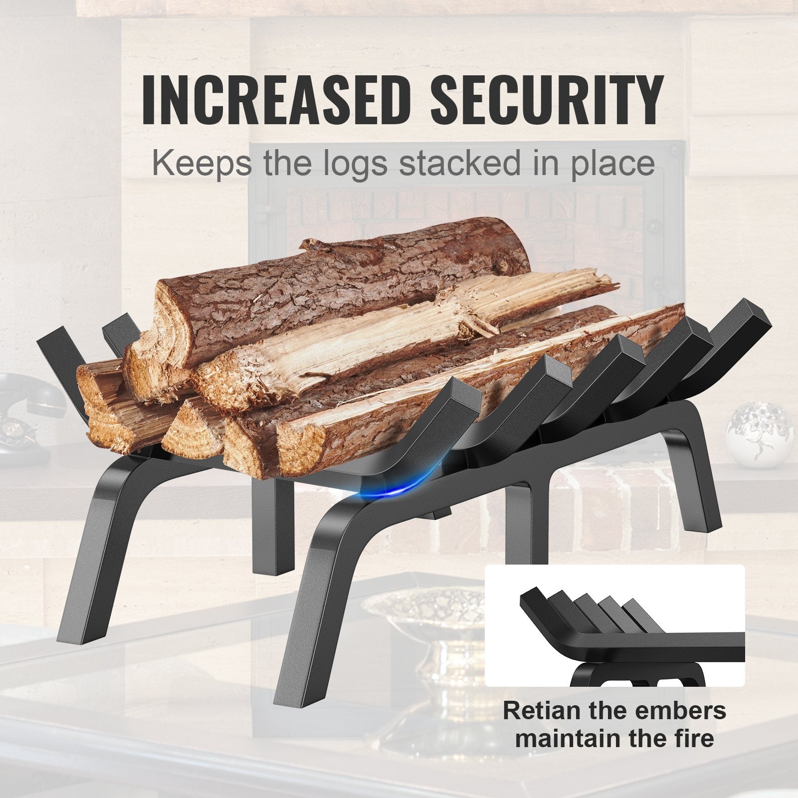 VEVOR Fireplace Log Grate, 609.6mm Heavy Duty Fireplace Grate with 6 Support Legs, 19.05mm Solid Powder-coated Steel Bars, Log Firewood Burning Rack Holder for Indoor and Outdoor Fireplace