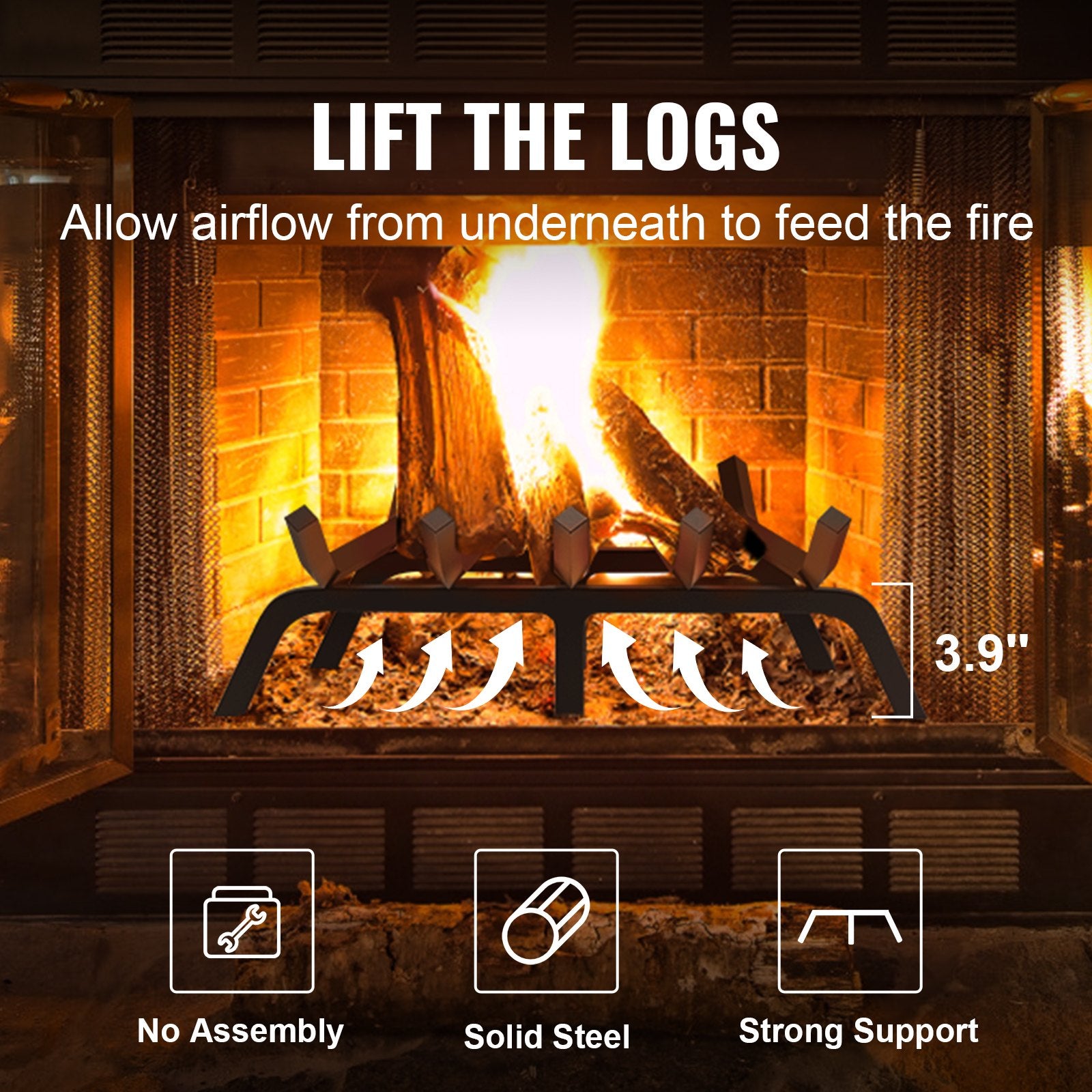 VEVOR Fireplace Log Grate, 609.6mm Heavy Duty Fireplace Grate with 6 Support Legs, 19.05mm Solid Powder-coated Steel Bars, Log Firewood Burning Rack Holder for Indoor and Outdoor Fireplace