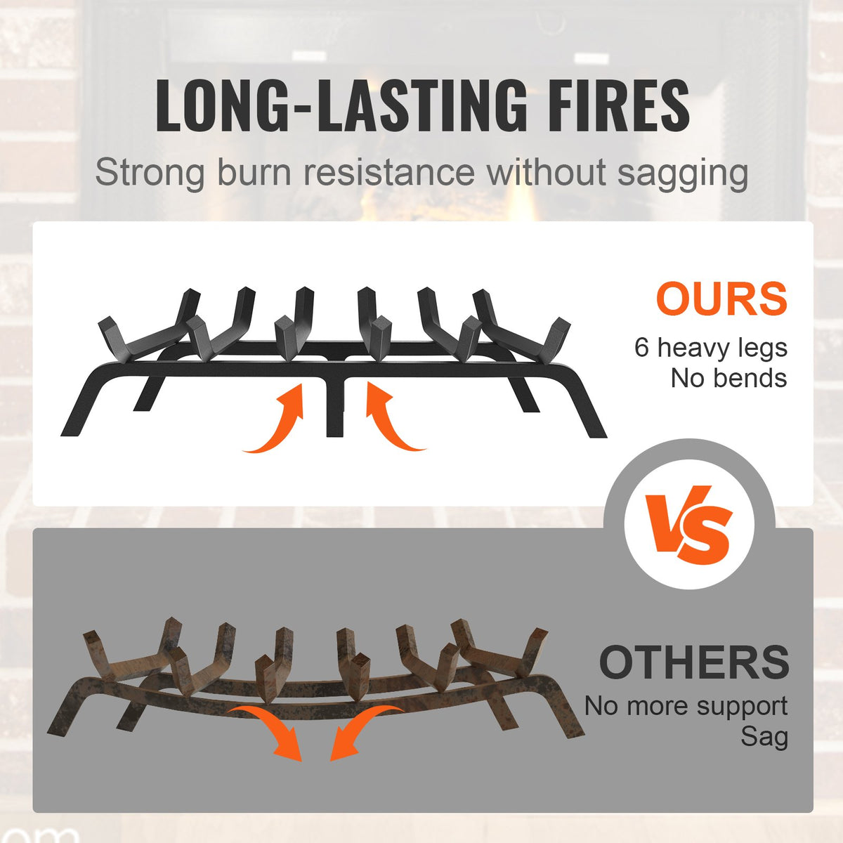 VEVOR Fireplace Log Grate, 685.8mm Heavy Duty Fireplace Grate with 6 Support Legs, 19.05mm Solid Powder-coated Steel Bars, Log Firewood Burning Rack Holder for Indoor and Outdoor Fireplace