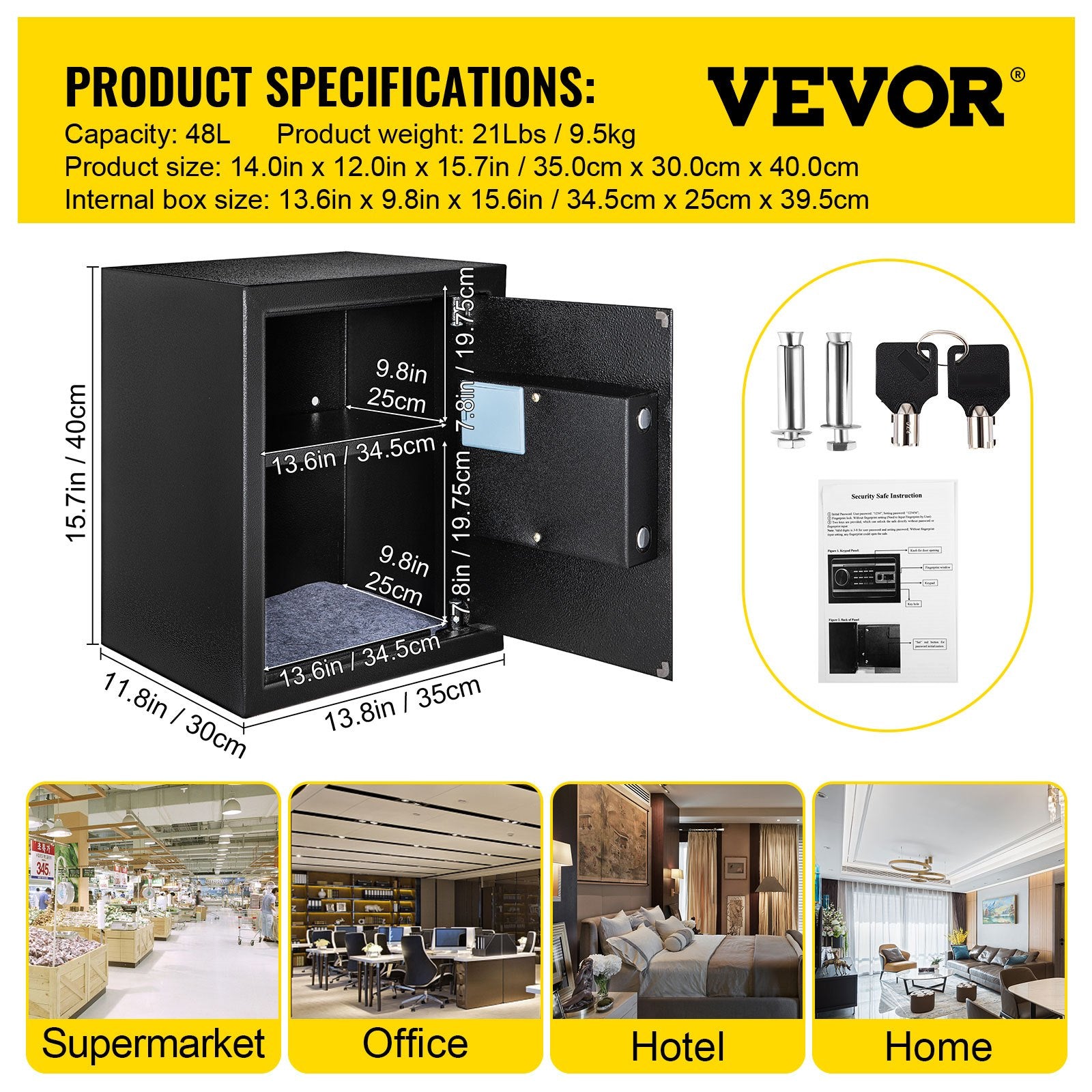 VEVOR Safe Box, 1.7 CU.FT Fingerprint Safe Box for Money with 2 Keys & Digital Keypad, Q235 Steel Safe Box for Storing Cash, Jewelry, Pistols, Documents, Watches in Home & Office & Hotel