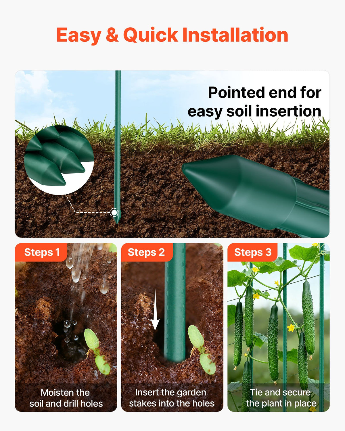 VEVOR Garden Stakes, 50 Pack, 1455 mm, Plastic Coated Metal Tomato Stakes, Garden Sticks for Plants Support, with Pointed End and Non-Slip Bumps for Growing Climbing Plants, Outdoor Vegetables