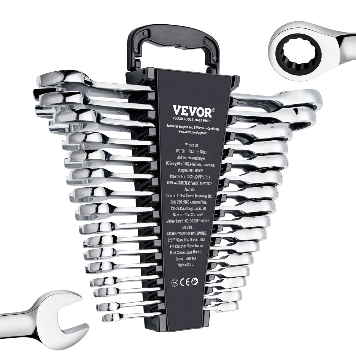 VEVOR Combination Wrench Set, 16-Piece Ratcheting Wrench Set with Organizer Rack, Cr-V Steel Wrench Set Metric 8 mm to 24 mm, Ideal for General Household, Garage, Workshop, Auto Repairs, Emergency