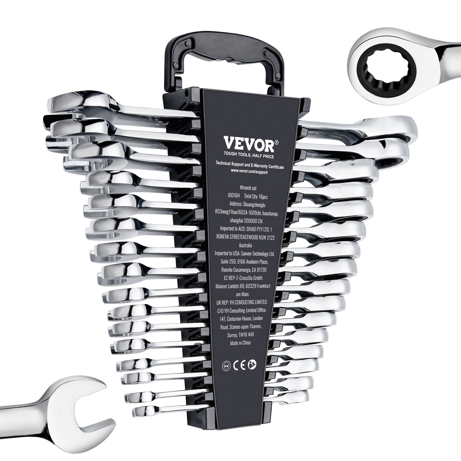VEVOR Combination Wrench Set, 16-Piece Ratcheting Wrench Set with Organizer Rack, Cr-V Steel Wrench Set Metric 8 mm to 24 mm, Ideal for General Household, Garage, Workshop, Auto Repairs, Emergency