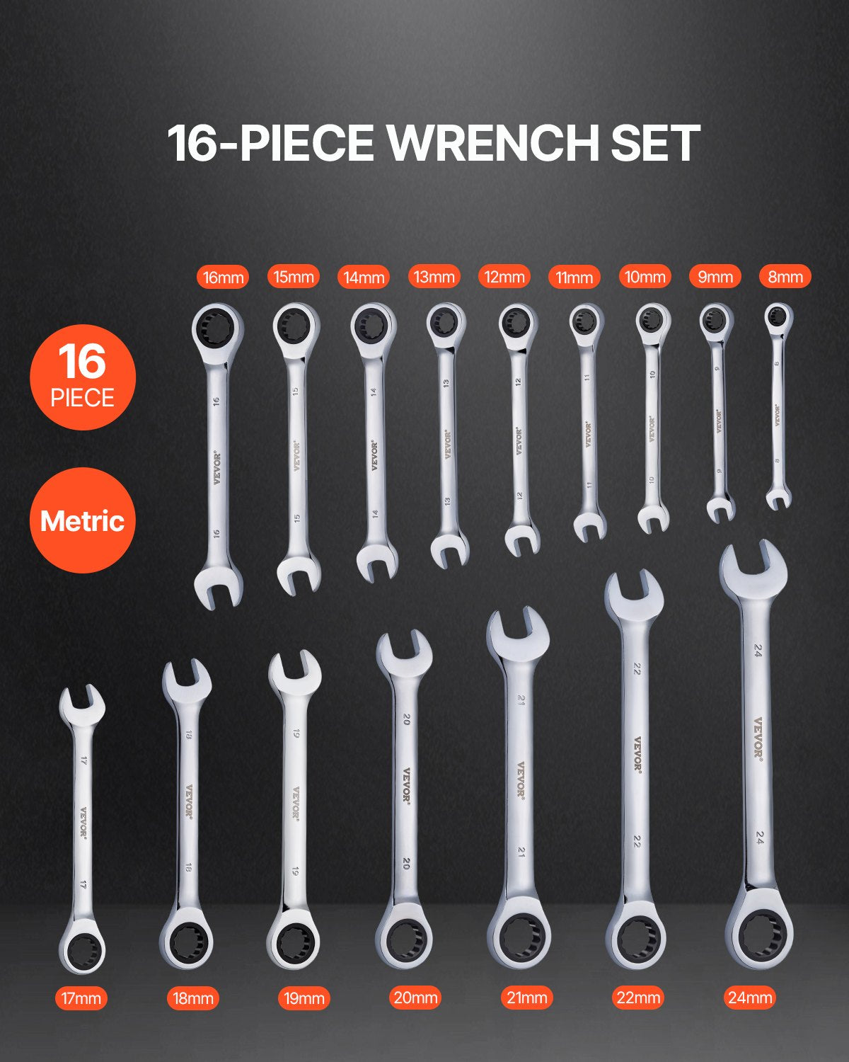 VEVOR Combination Wrench Set, 16-Piece Ratcheting Wrench Set with Organizer Rack, Cr-V Steel Wrench Set Metric 8 mm to 24 mm, Ideal for General Household, Garage, Workshop, Auto Repairs, Emergency
