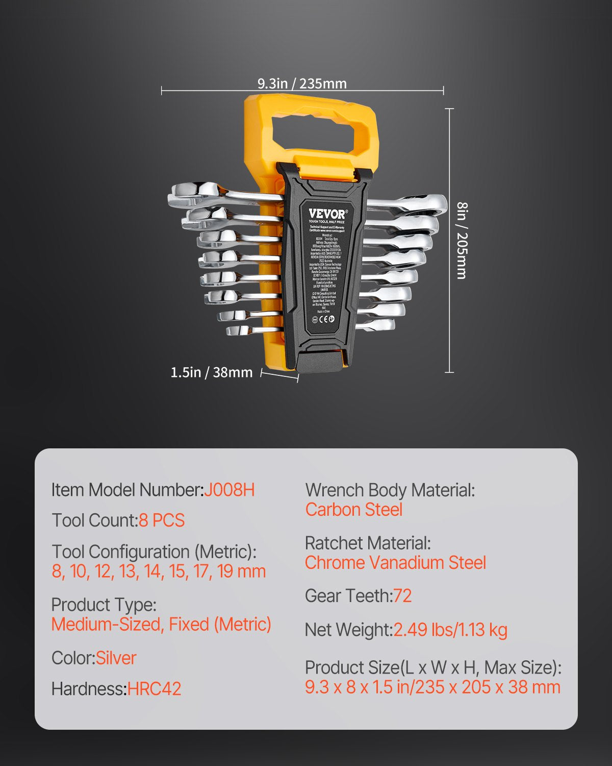 VEVOR Combination Wrench Set 8-Piece Metric 8 mm to 19 mm with Organizer Rack