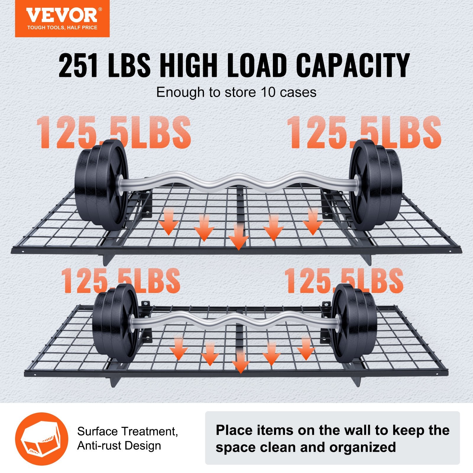 VEVOR Garage Storage Shelving, 2 Pack, 122 x 61 cm Heavy Duty Garage Shelves Wall Mounted, 502 lbs Load Capacity(Total) Garage Storage Rack Floating Shelves, Suitable for Shop, Shed, Garage Storage