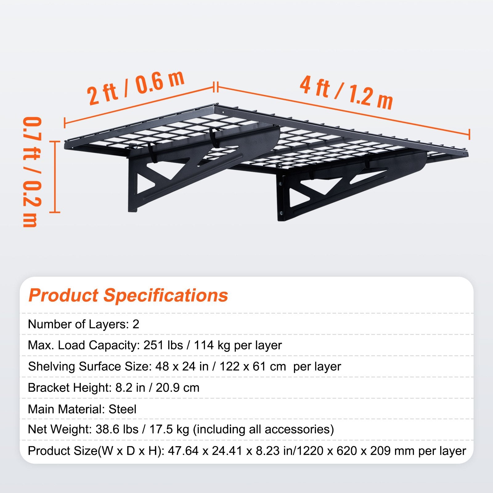 VEVOR Garage Storage Shelving, 2 Pack, 122 x 61 cm Heavy Duty Garage Shelves Wall Mounted, 502 lbs Load Capacity(Total) Garage Storage Rack Floating Shelves, Suitable for Shop, Shed, Garage Storage
