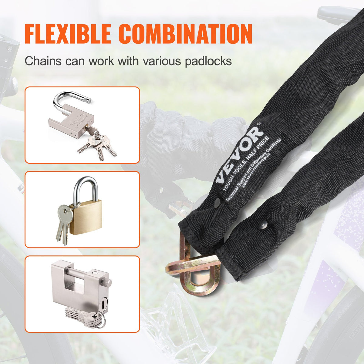 VEVOR Bike Chain Lock, 5.91 Ft Security Bicycle Chain Lock, Heavy Duty Metal Steel Anti-Theft High Security Bike Locks, Perfect for Bike, Motorcycle, Scooter, Bicycle, Door, Fence, Gate, 9.5mm, Black