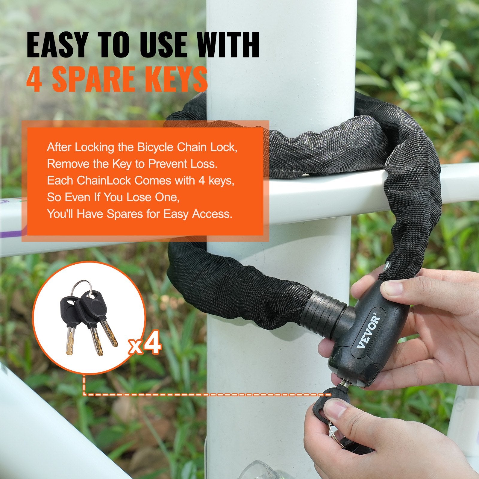 VEVOR Bike Chain Lock, 3.94 Ft Combination Bicycle Chain Lock with 4 Keys, Heavy Duty Anti-Theft High Security Bike Locks, Perfect for Bike, Motorcycle, Scooter, Bicycle, Door, Fence or Gate, 8mm